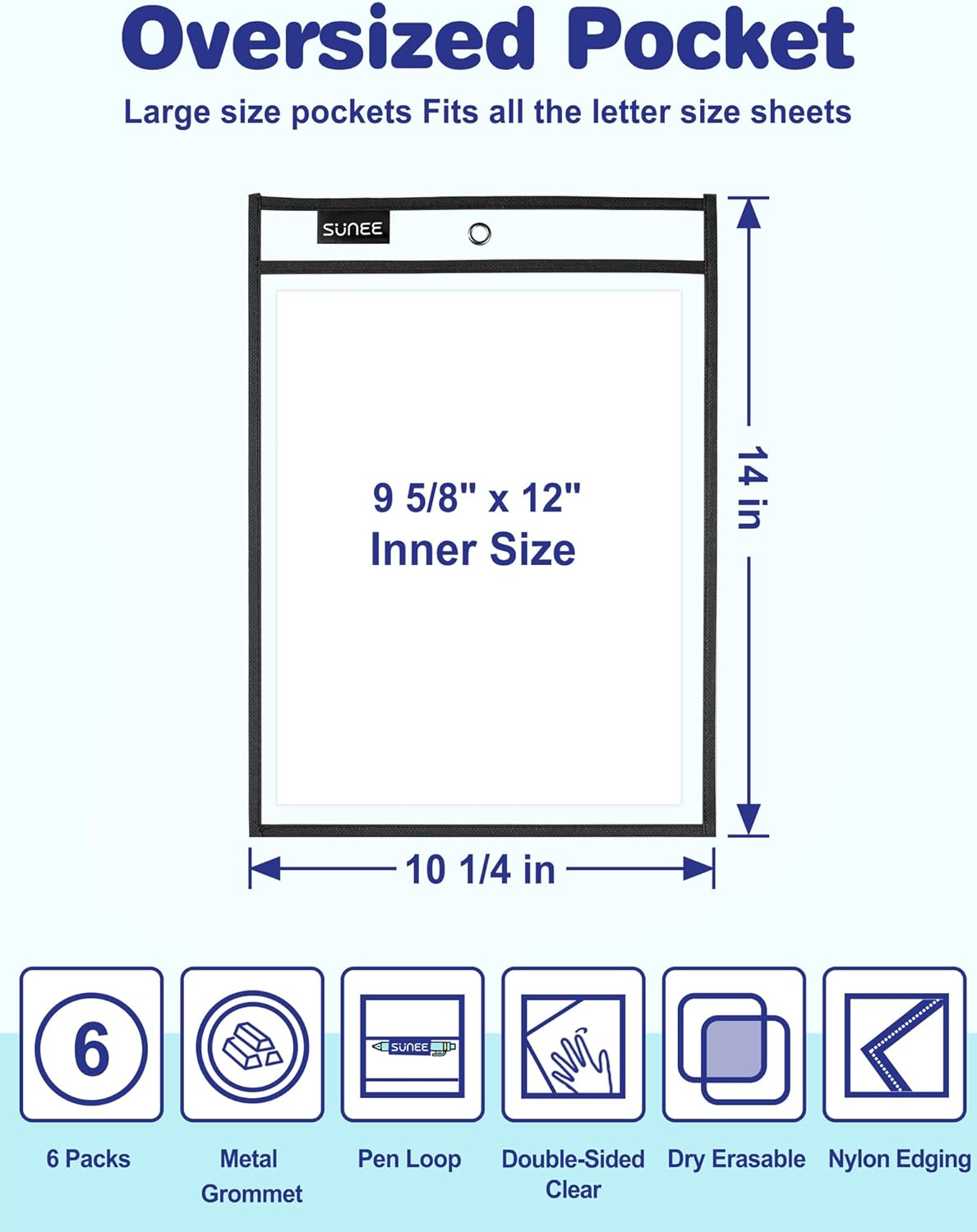 SUNEE 6 Packs Oversized Reusable Dry Erase Pocket Sleeves with Ring, Black 10x14 Ticket Holders, Clear Plastic Sheet Protectors, Teacher School Classroom Supplies