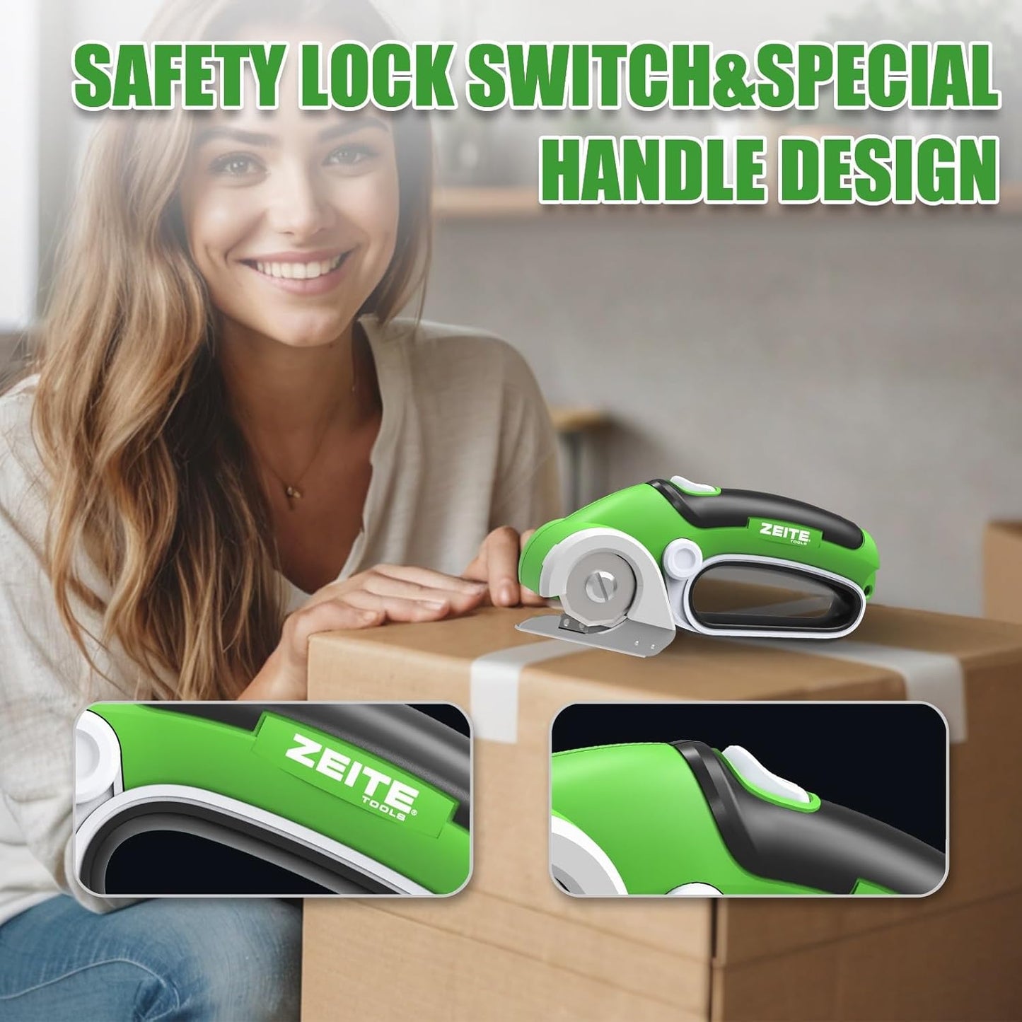 ZEITE 4V Cardboard Box Cutter,Cordless Electric Scissors,with 2 Blades,Storage Box,USB Charging Cable,Max Cutting 1/4",Ideal for Cardboard,Thin Carpet & Plastic Recycling,Easy to Hold and Safe