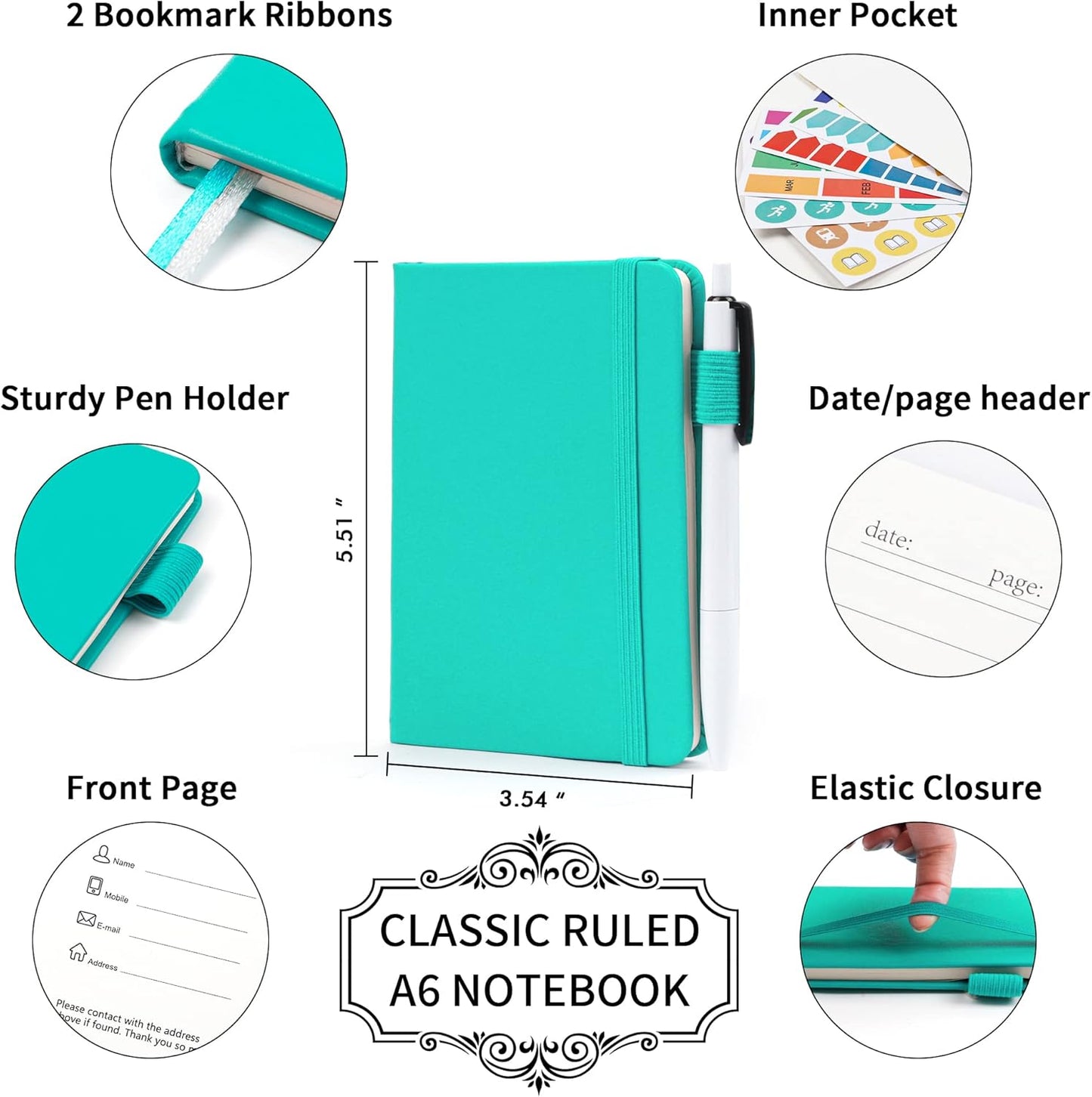 feela 15 Pack Pocket Small Notebooks Bulk, Mini Cute Memo Notepads Hardcover College Ruled Lined Journals with Pen Holder for Women Girls Office School, with 15 Black Pens, 3.5”x 5.5”, A6, Aqua