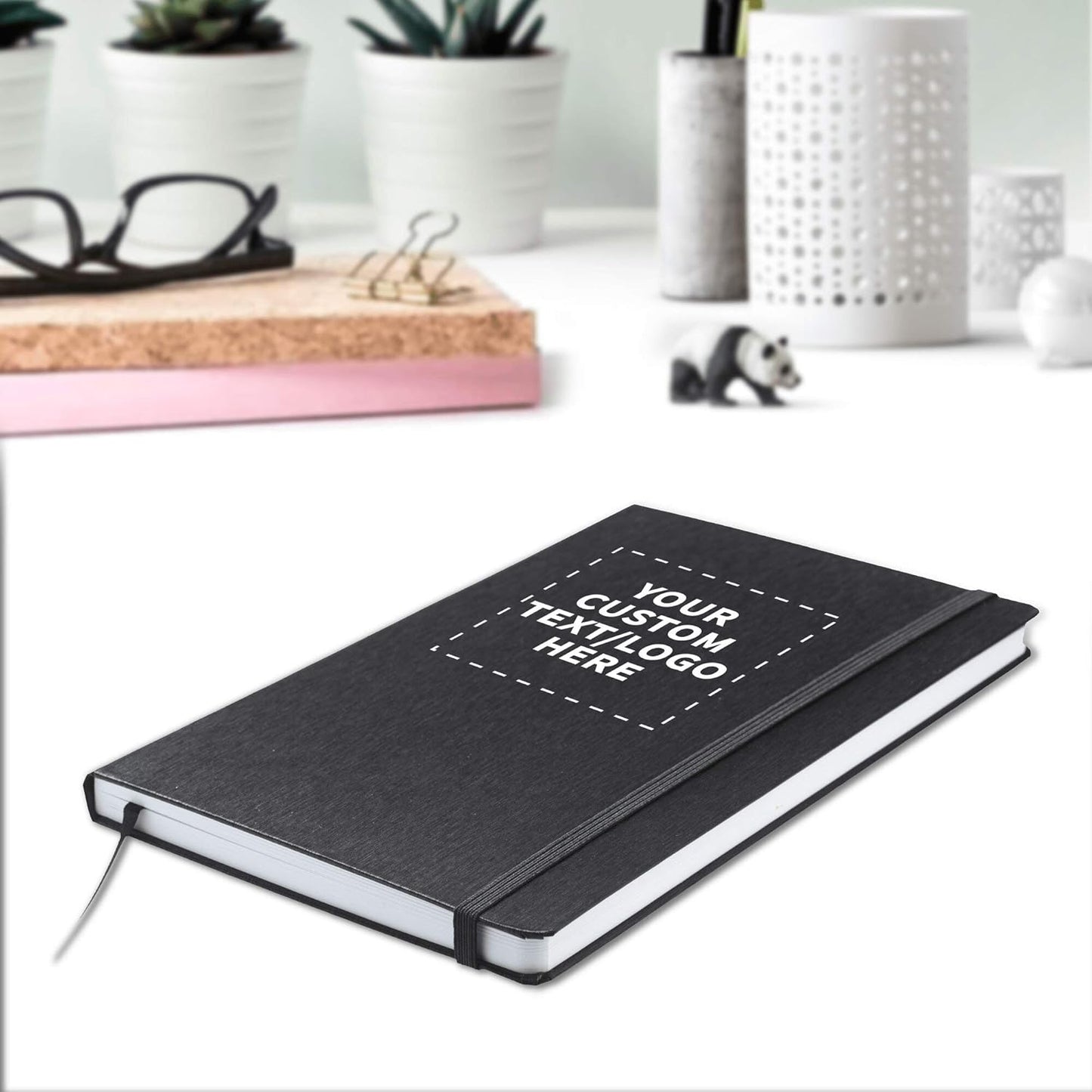 DISCOUNT PROMOS Custom Hardcover Notebook Journals with Elastic Colored Band Set of 6, Personalized Bulk Pack - Perfect for School, Office, Home - Black
