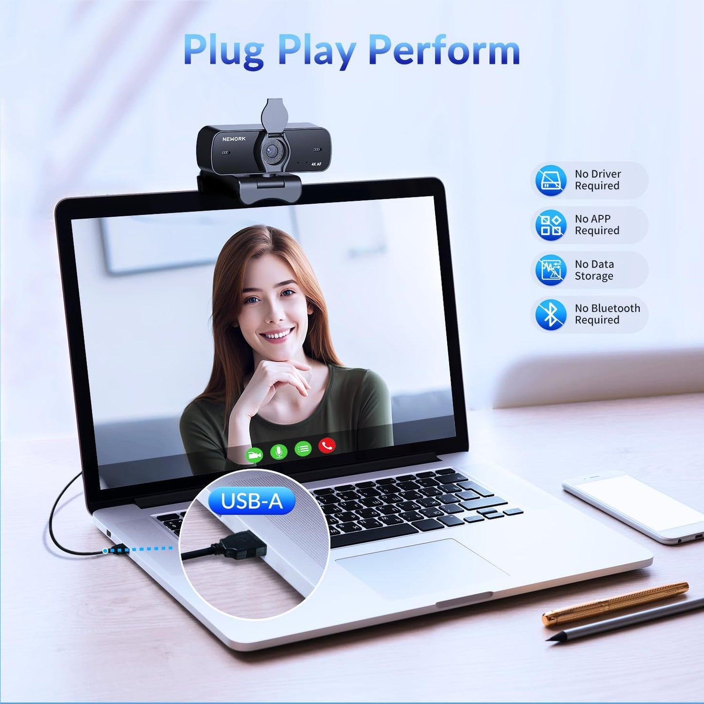 4K Webcam for PC with Sony Sensor, Auto Focus & Privacy Cover, Ultra HD 4K Streaming Camera, 2 Noise-Cancelling Mics, USB Plug & Play, 77° FOV, Web Camera for Zoom, Skype, Teams, Video Calling