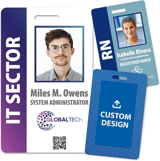 Custom Print Employee ID Badge with Vertical Side Text, Double Sided Print with Name, Photo, Logo, and Barcode – Unique Photo ID Card Solution (ID Vertical)