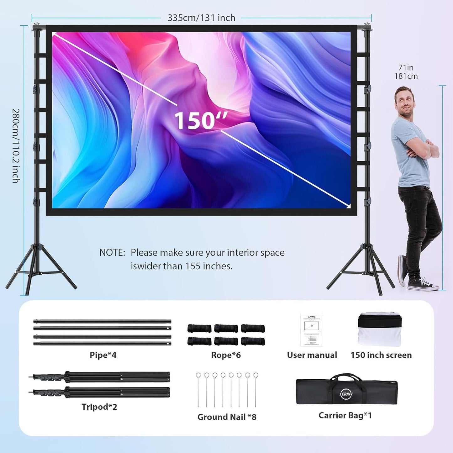 Outdoor Projector Screen with Stand: LEORFI 150 inch Projector Screen Portable, Indoor Projections Screen and Stand, Rear Front Movie Screen 16:9 4K Full HD,Support Height Adjustable for Home Theater