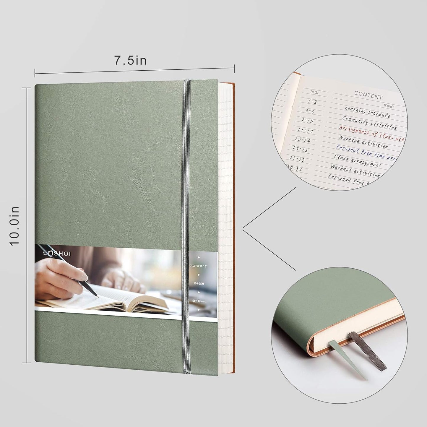 EMSHOI College Ruled Composition Notebook - Large B5 Notebook Lined Journal Leather with Free Sticky Notes, 204 Numbered Pages,100gsm Thick Lined Paper, Softcover, 7.5"x10"-Green
