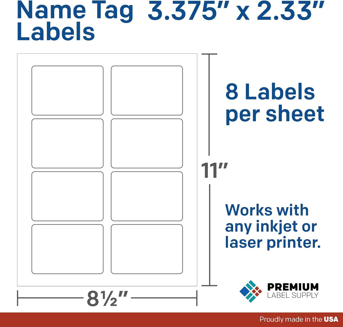 Premium Label Supply Blank Printable Name Tag Stickers - 2-1/3" x 3-3/8" - Laser/Inkjet Compatible – (8 per Sheet) 100 Sheets – 800 Total Adhesive Name Tags