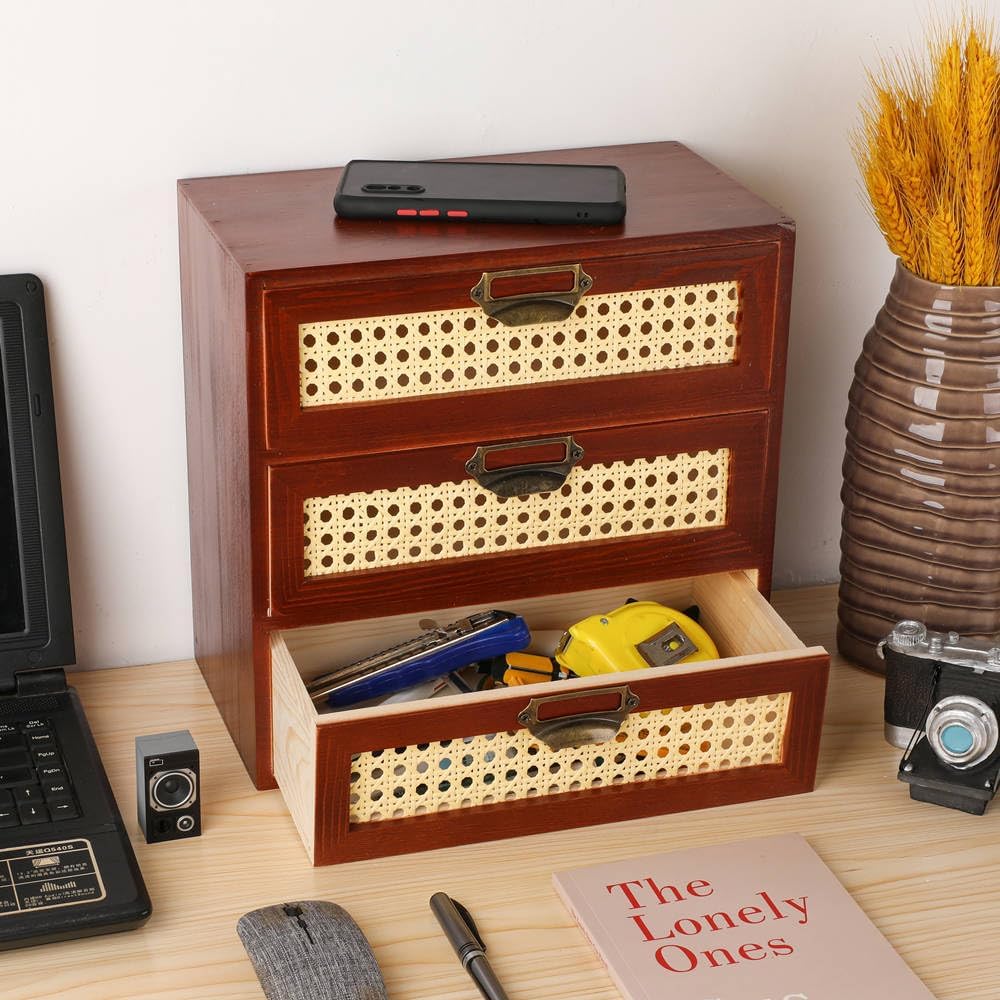 Desktop Drawers Organizer Card Catalog Drawer Card Cabinet Small Wooden Drawers Vintage Wooden Box with Drawers Boho Desk Organizers Library Card Catalog Cabinet (RATTAN-BROWN)