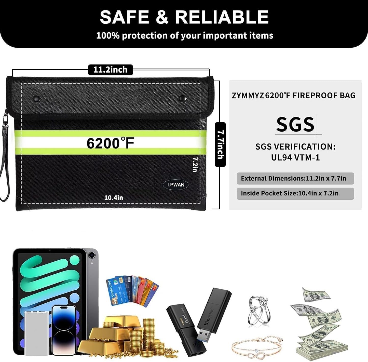 Upgraded Insulated Fire Proof Money Bag for Cash,6200℉ Fireproof&Waterproof Document Pouch with Water Resistant Zipper,Fireproof Envelopes for Important Documents,Valuables（Not Suitable for A4 Files）