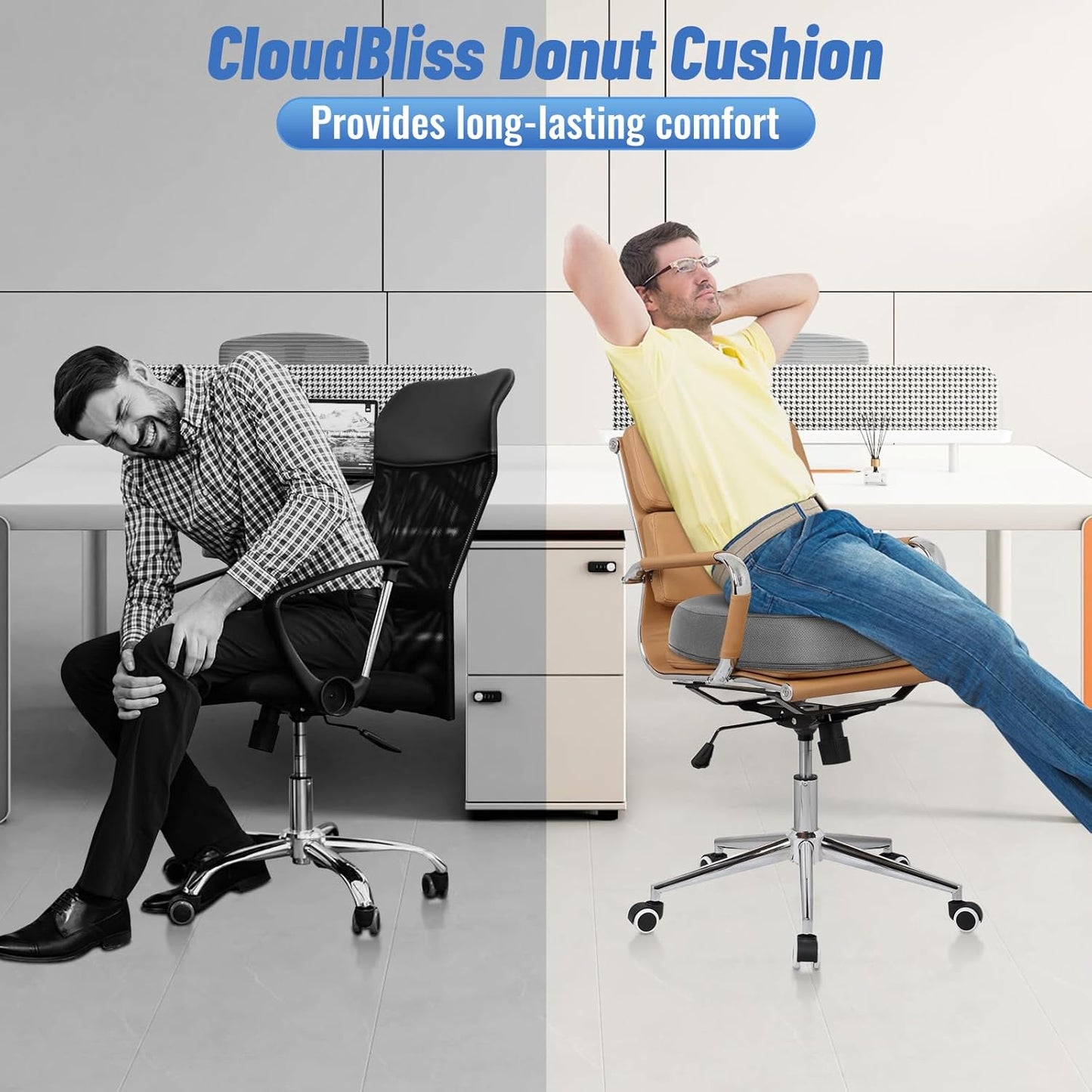 CloudBliss Donut Pillow Seat Cushion Chair Pad for Tailbone Pain Relief and Hemorrhoids, Memory Foam Seat Chair Cushion for Men and Women for Home & Office, (Light Grey-XL)