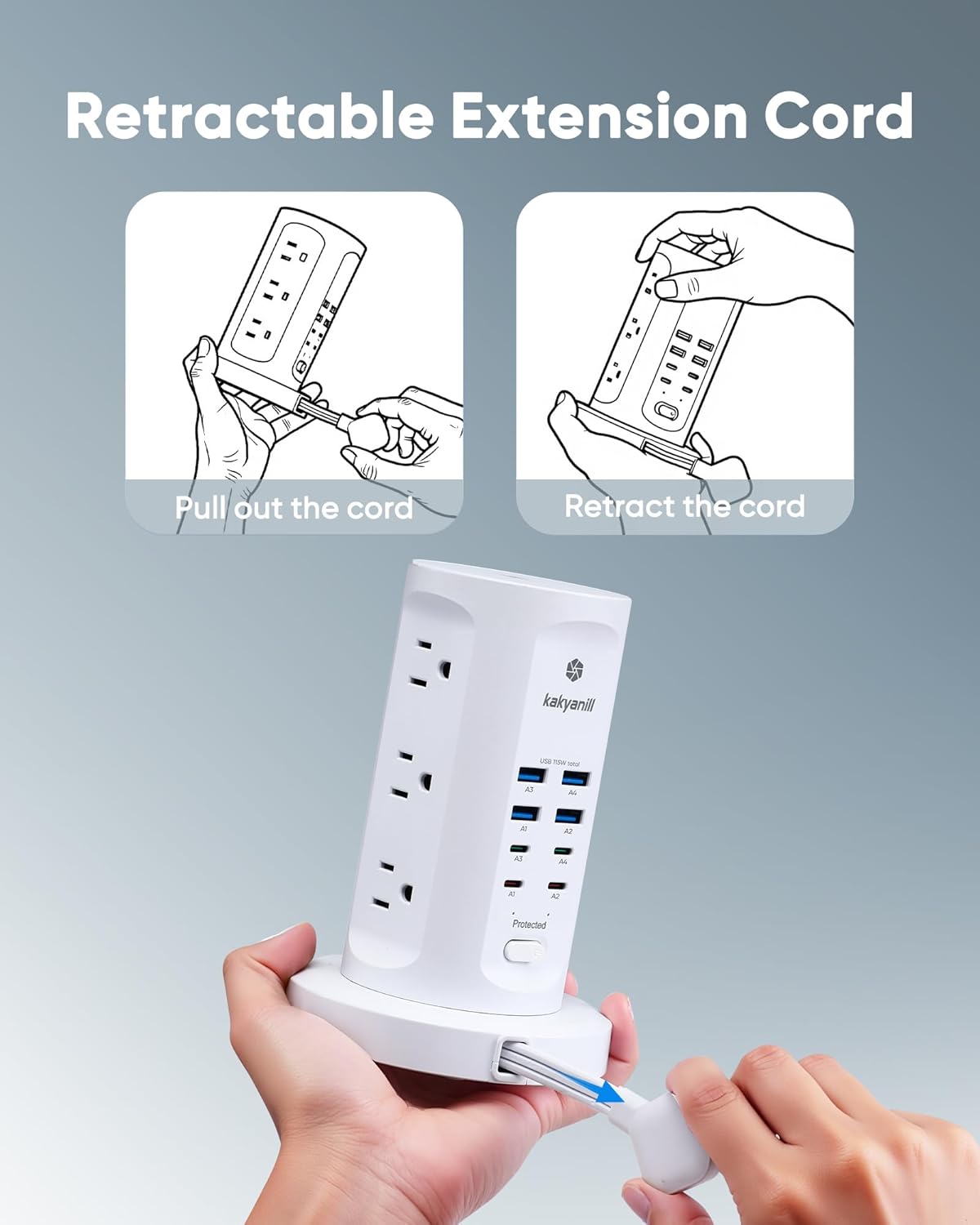 115W USB Charging Station, Surge Protector Power Strip Tower, 9 AC Outlets with 8 USB Ports(4 USB-C), 6Ft Flat Plug Retractable Extension Cord, for Home Office Dorm, White