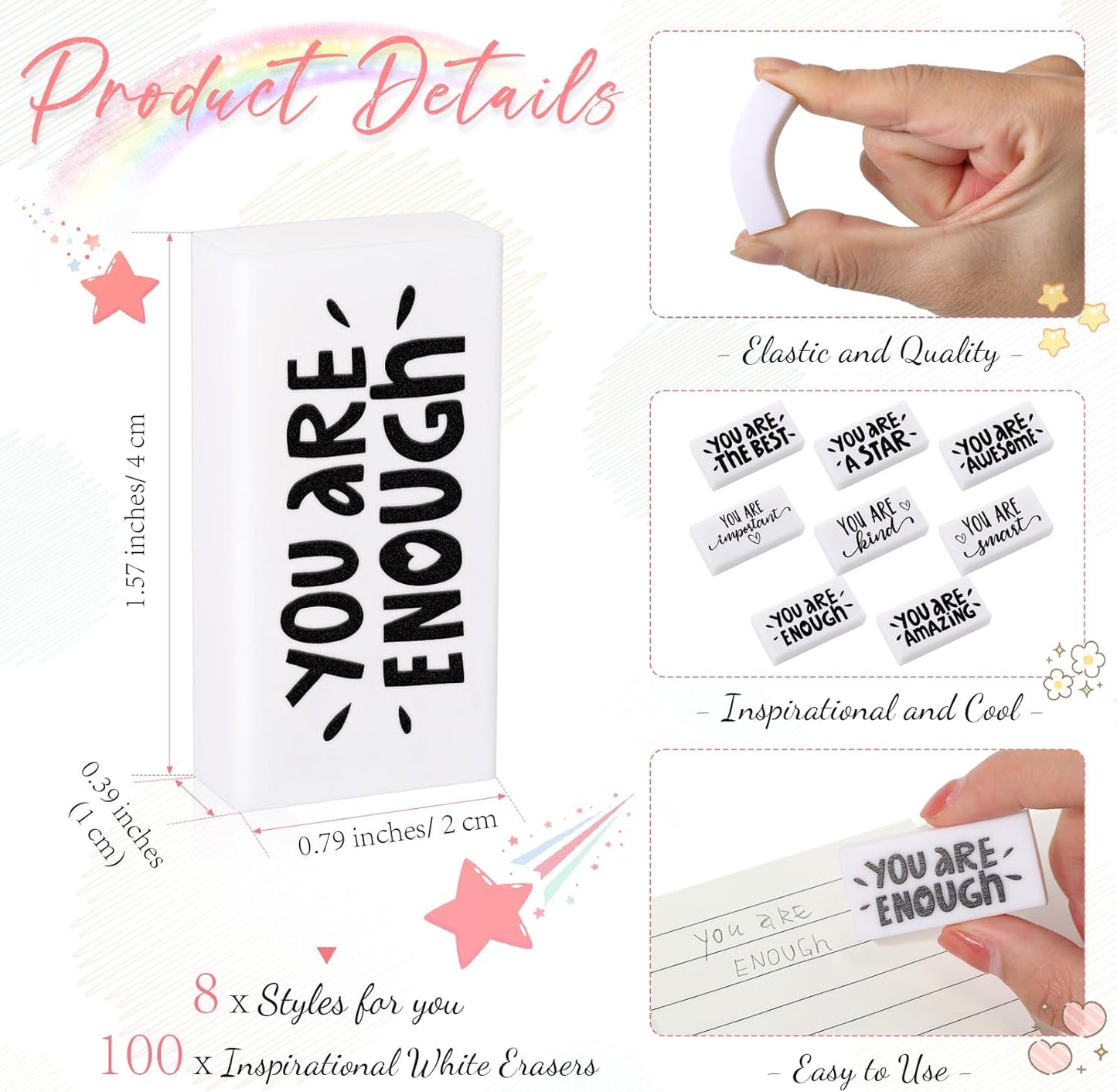 PerKoop 100 Pcs Back to School Inspirational Small Pencil Erasers Bulk for Kids, White Cute Fun Motivational Erasers Gifts for Teachers Students Classroom Reward First Day of School Supplies