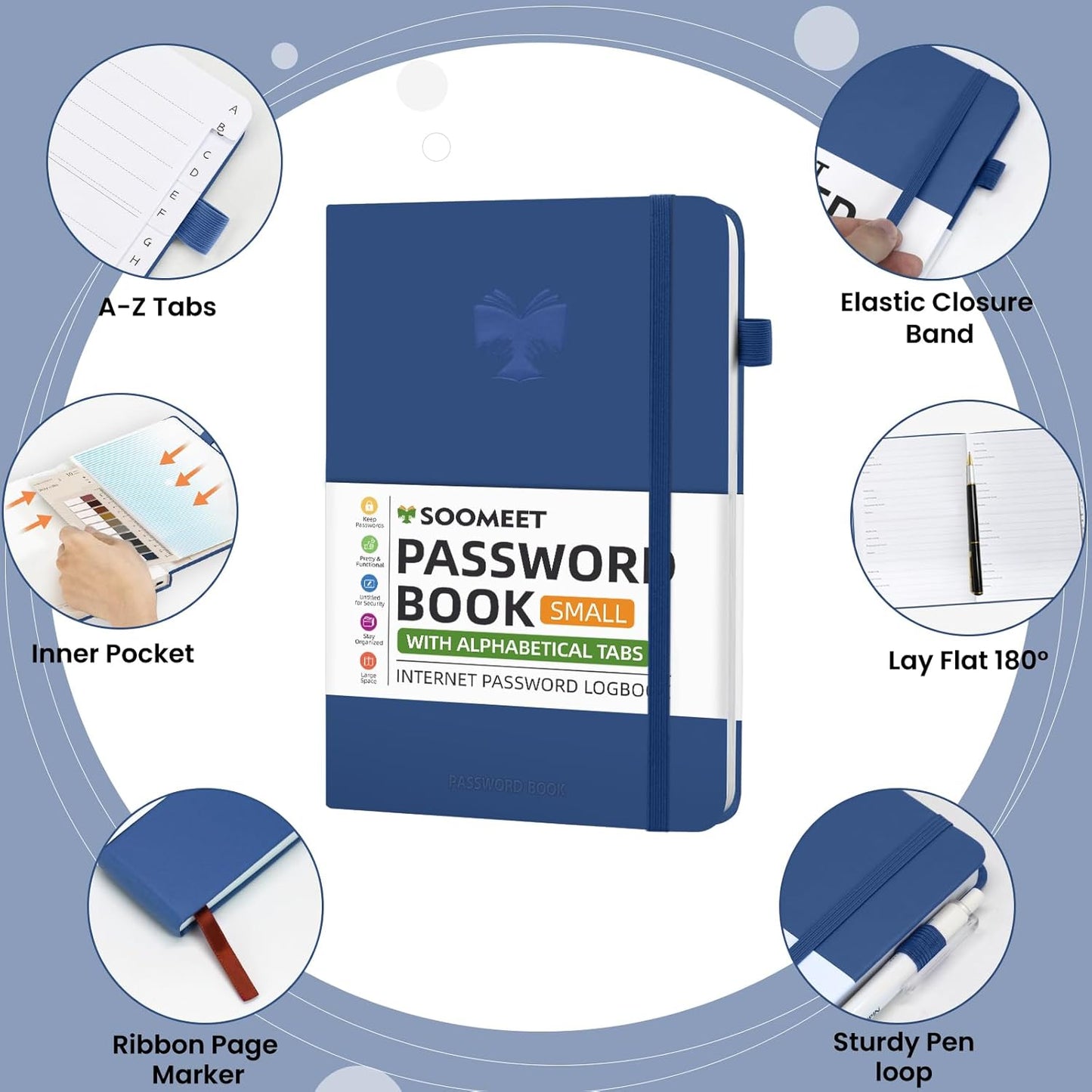 Password Book with Alphabetical Tabs, Hardcover Password Keeper, Size 4.4''x 6.1'' Password Notebook for Saving Internet Login, Username, Password Organizer for Computer & Website Logins, Blue