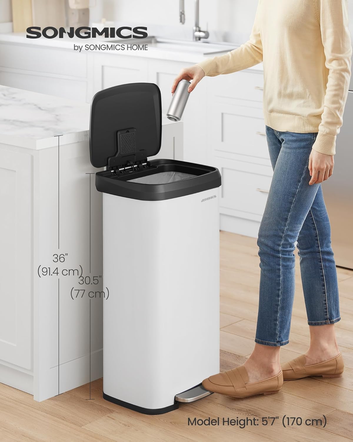 SONGMICS Kitchen Trash Can, 18-Gallon Stainless Steel Garbage Can, with Stay-Open Lid and Step-on Pedal, Soft Closure, Tall, Large and Space-Saving, White and Black ULTB520W68