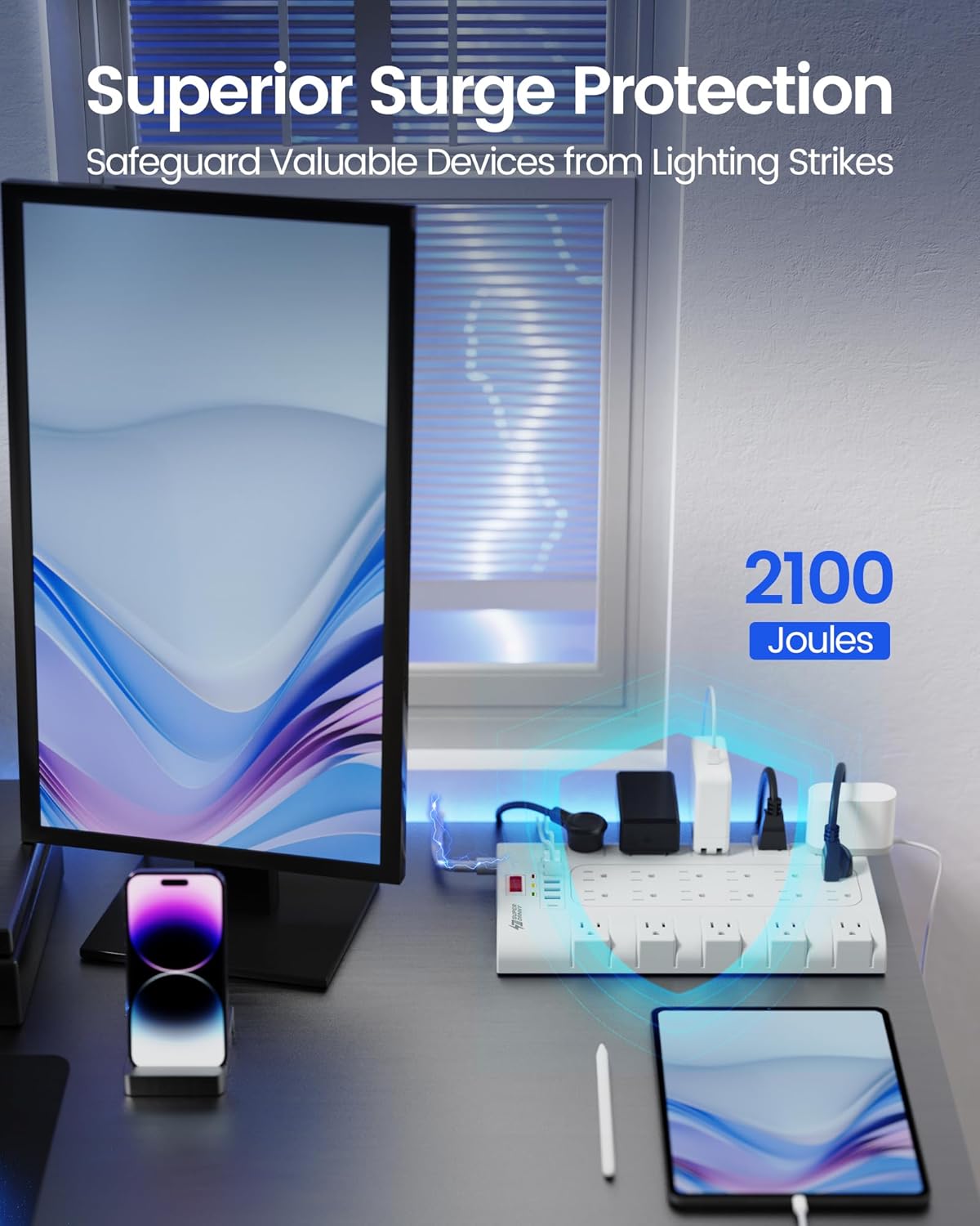 10Ft Extension Cord with Multiple Outlets, SUPERDANNY Surge Protector Power Strip (1875W/15A), 22 AC Outlets and 6 USB Charging Ports, Wall Mountable for Home, Office, Gaming Room, 2100 Joules, White