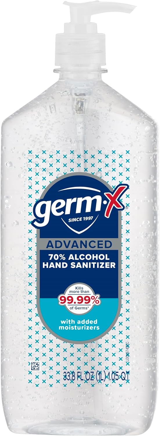 Germ-X Advanced Hand Sanitizer, Non-Drying Moisturizing Clear Gel, Instant and No Rinse Formula, Large Family Size Pump Bottle, Back to School Supplies, 34 Fl Oz (1 Liter)