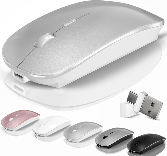 Mouse for Laptop Wireless Bluetooth - MacBook Air Mac Pro PC iPad Optical Rechargeable Silent Mouse with Jiggler Dual Mode Switch Bluetooth 5.2/3.0 and 2.4GHz USB-A and Type-C Receiver Silvery