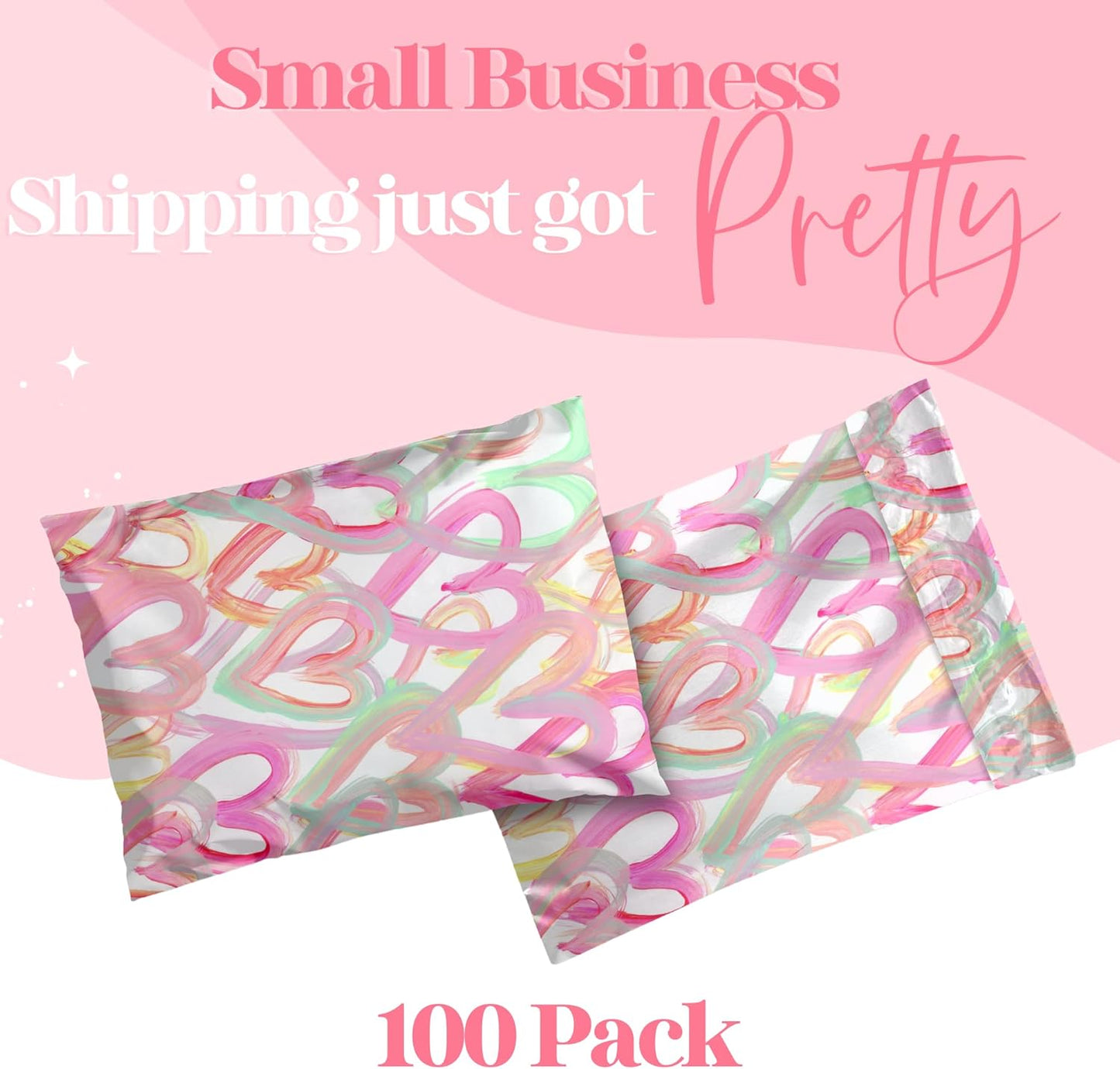 10x13 Designer Poly Mailer 100 Pack Heavy Duty Waterproof Self Seal Shipping Bags for Small Business Large Mailing Envelopes Bulk Tear Resistant Cute Packaging Happy Hearts