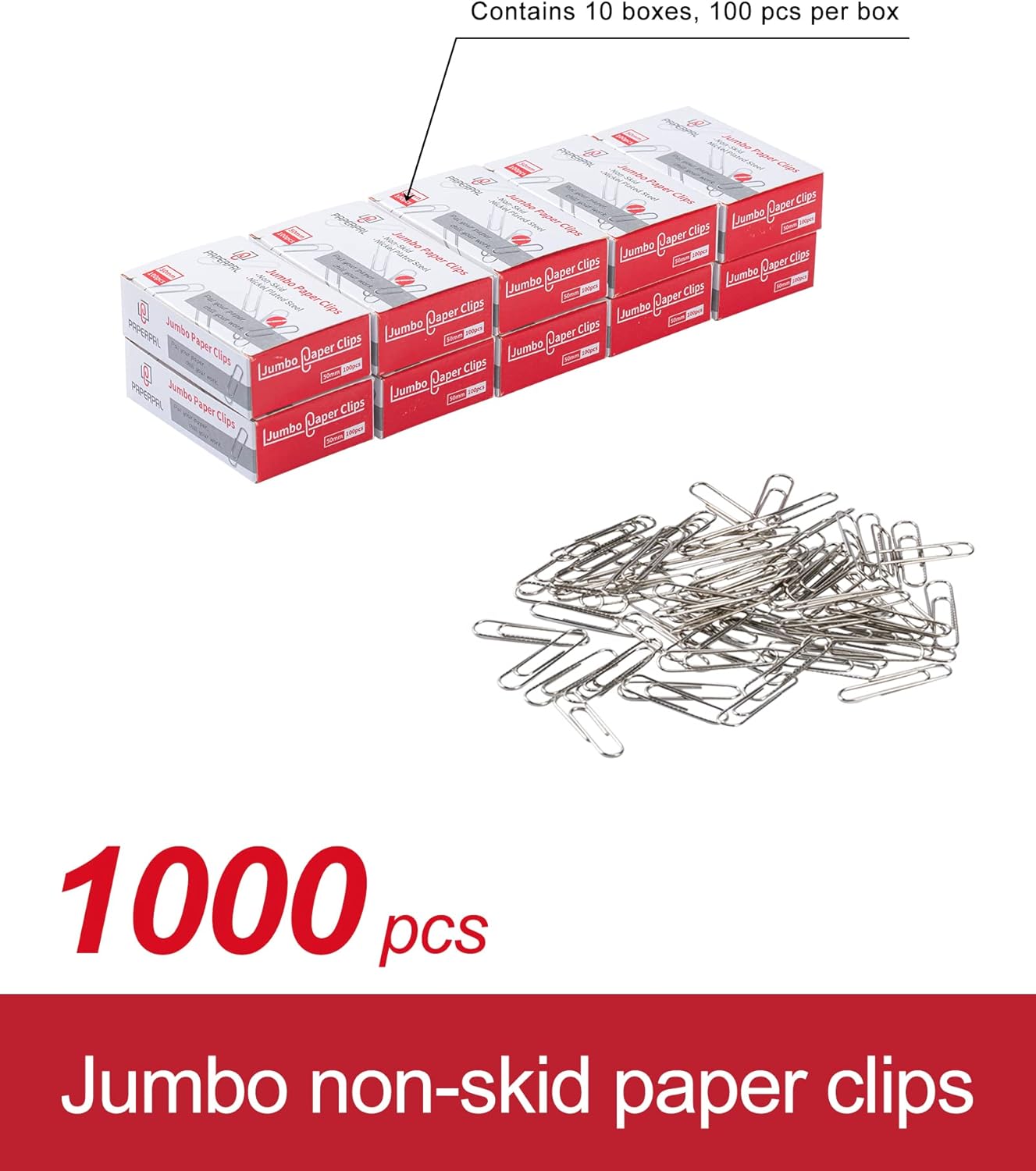 PAPERPAL Paperclips for Office School & Personal Use, Jumbo Nonskid Paper Clip (2"), 1000 Large Paper Clips (10 Boxes of 100 Each), Silver