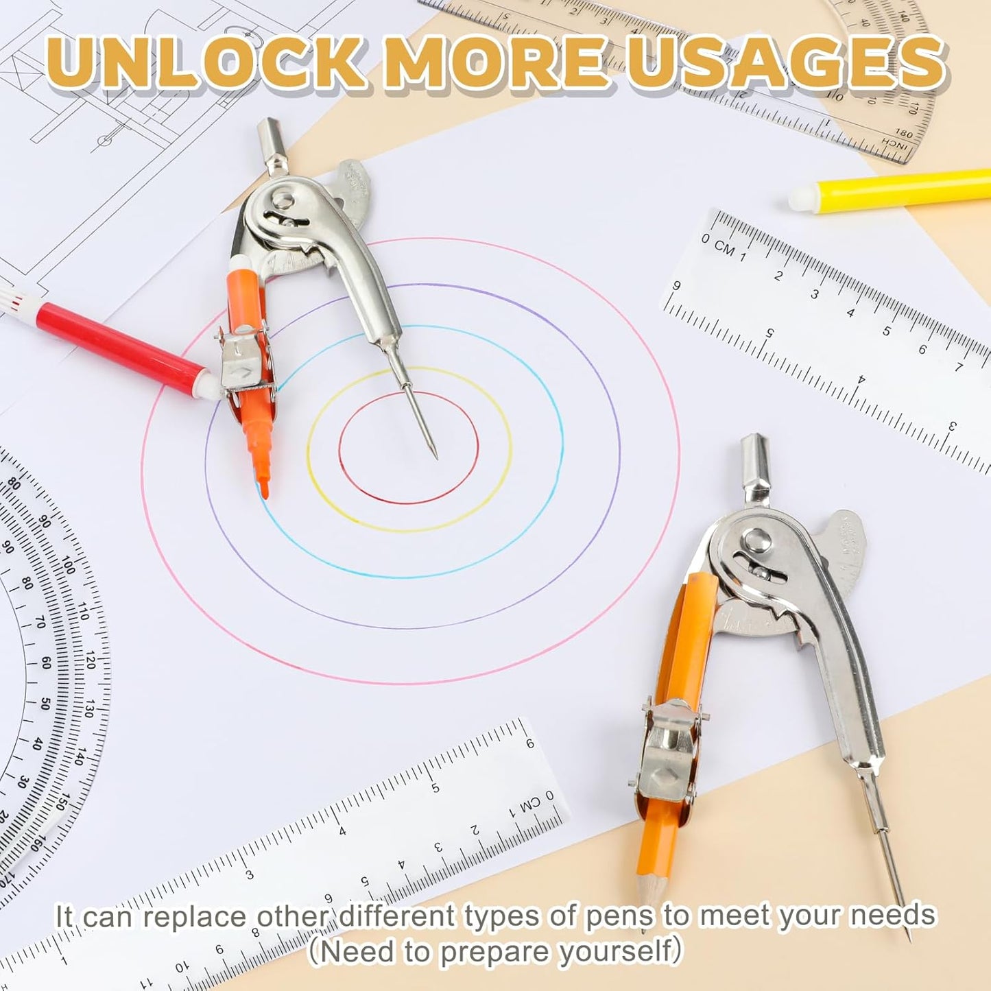 4 Pieces Geometry Math Set Compass for Geometry Math Compass and Protractor Set Include Metal Compass with Pencil Plastic Ruler and Protractor for Student School Office Woodworking Drawing Tools