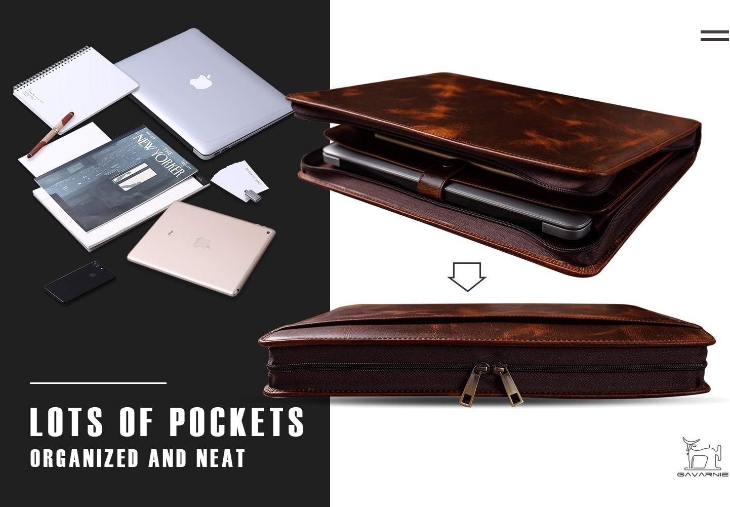 Genuine Leather Business Portfolio Padfolio Folder with Zipper for Men, Men's Leather Padfolio Folder for 13" Laptop, Business Portfolio with Letter Size Notepad, Graduation Gift，Oil Wax