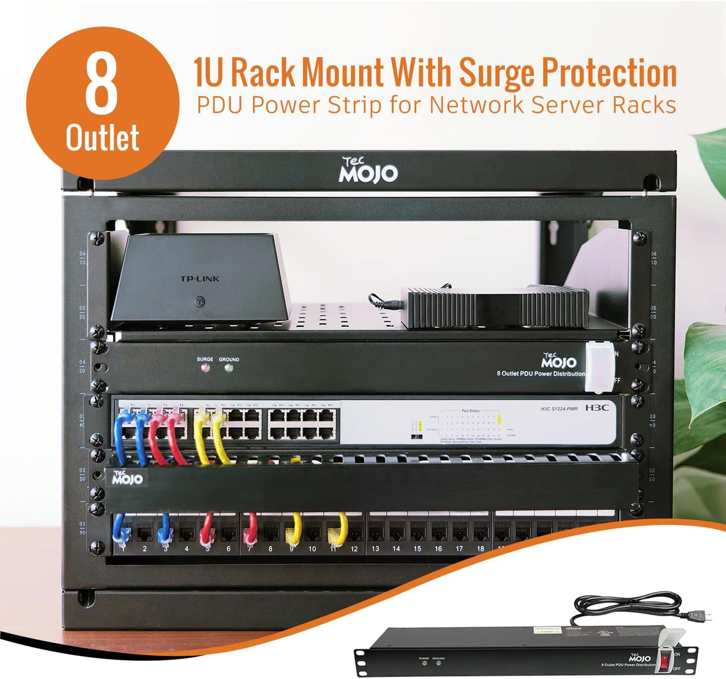 Tecmojo 1U Rack-Mount Horizontal 8-Outlet Power Strip UL Listed PDU with Surge Protection 6ft Cord Power Distribution for IT and Network Server Racks