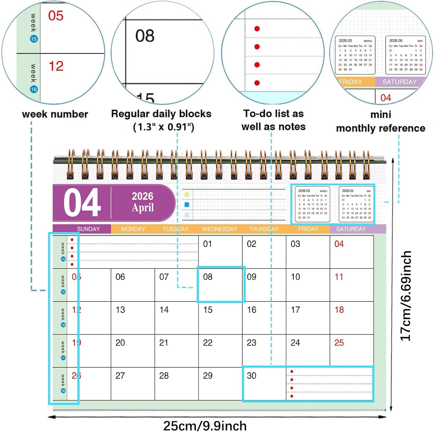 Desk Calendar 2025-2026, Standing Flip Desktop Calendar from July 2025 to December 2026 - Metal Ring Twin-Wire Binding 18 Months Medium Desk Calendar for Home Office School (L-Green)