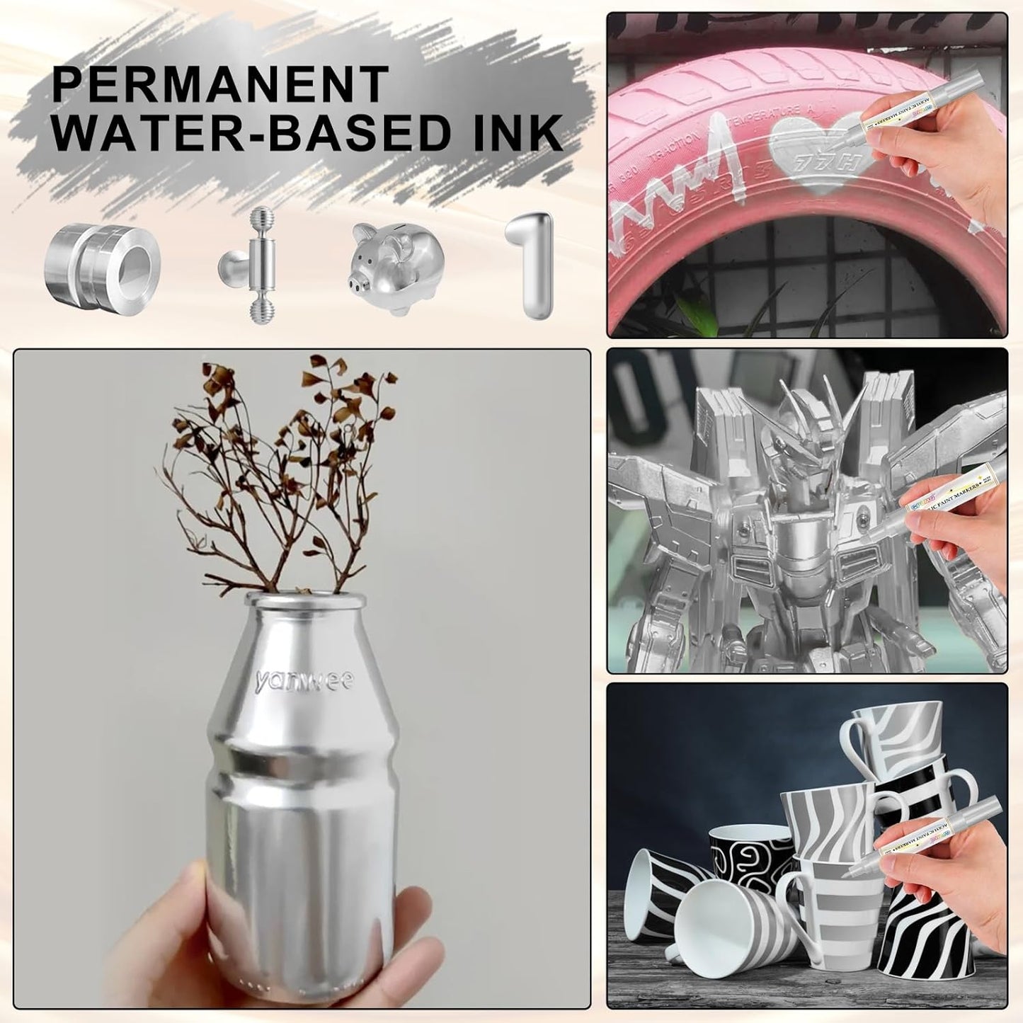 Paint Markers Paint Pens - 2 Pack Dual Tip Acrylic Permanent Marker (0.7mm & 3mm), Non-Toxic, Water-Based for Art Painting, Stone, Ceramic, Glass, Wood, Fabric, Metal, DIY Crafts (Silver)