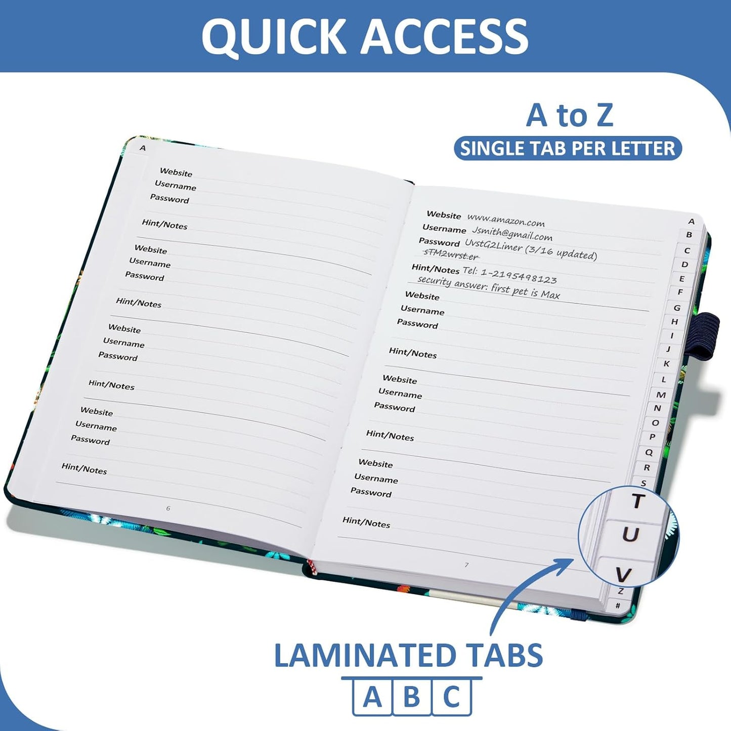 Password Book with Individual Alphabetical Tabs Laminated, Large Print Password Keeper Book for Seniors, A5 Hardcover Internet Password Log Book to Record Website Login Details - Bloom