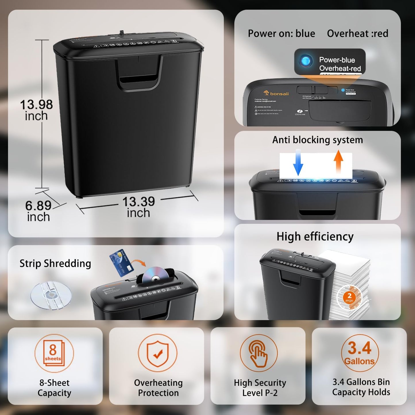 Bonsaii 8-Sheet Strip-Cut Shredder for Home – Compact Home Office Paper Shredder with Overheat Protection, Capable of Shredding CDs and Credit Cards, Includes a 3.4-Gallon Waste Bin