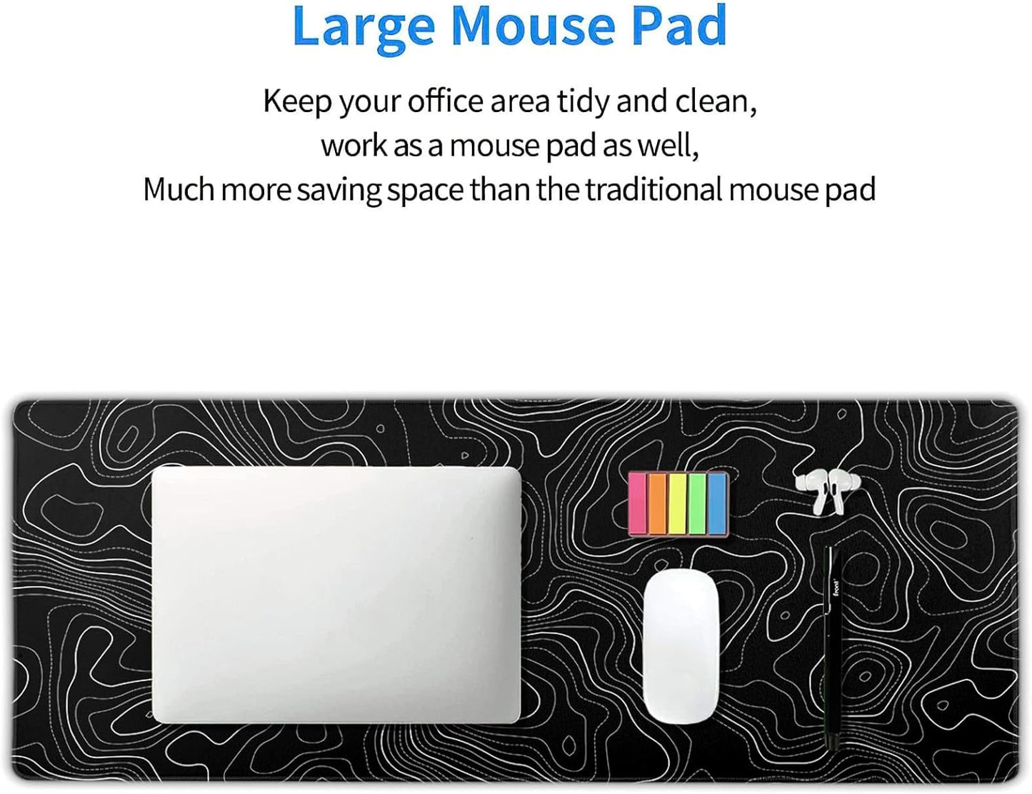 Topographic Contour Black Gaming Mouse Pad XL Topo Geographic Map Lines Extended Large Mouse Pad Big Desk Mat Non-Slip Rubber Base Stitched Edge Long Keyboard Playmat for Desk Computer,31.5×11.8 in