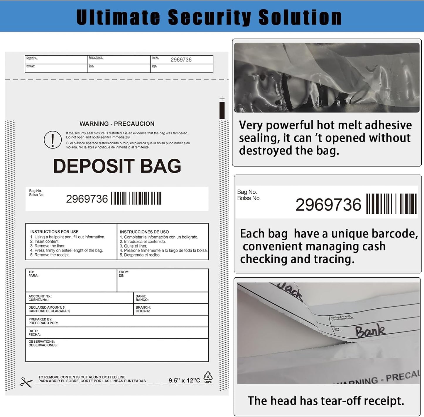 Plastic Deposit Bags 200 Pack Opaque 9.5''x 15'', Opaque Security Bank Deposits Bag,Cash register bags,Money bag for Cash,Bank Pocket,Tamper-Evident Bags,Unique Barcode