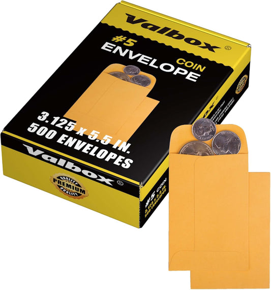 ValBox #5 Coin Envelopes 3.125x5.5 Seed Envelope with Gummed Flap for Home, Garden or Office Use, Brown Kraft Small Parts Envelopes 500 per Box