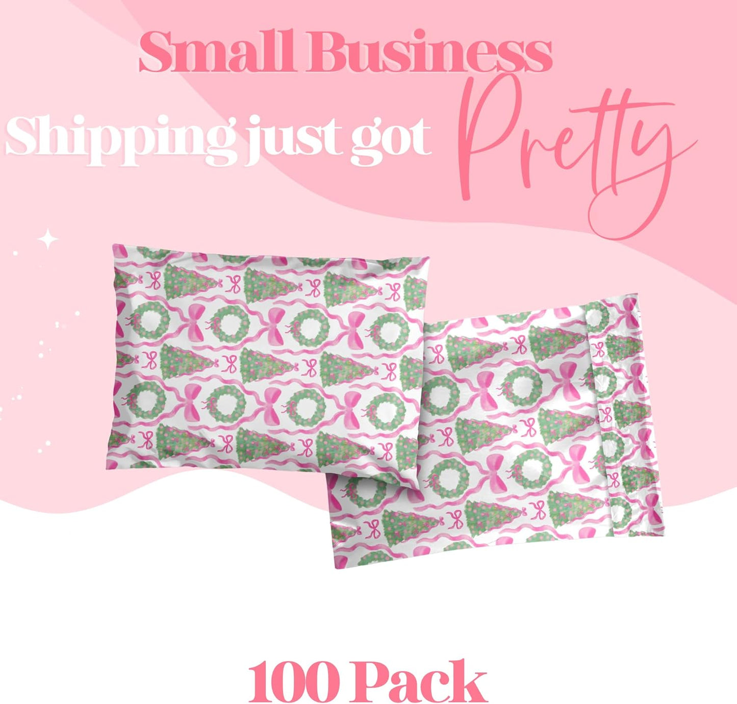 6x9 Designer Poly Mailer 100 Pack Heavy Duty Waterproof Self Seal Shipping Bags for Small Business Large Mailing Envelopes Bulk Tear Resistant Packaging Coquette Christmas Holiday Bows