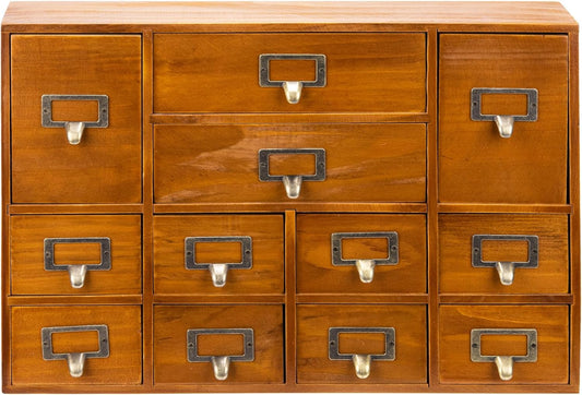 12-Drawer Apothecary Cabinet - Index Card Organizer - Vintage Chest of Drawers - Mahogany Wooden Organizer - Office Desktop Drawer Organizer for Herb Storage, Apothecary Diaries, Tea Collection
