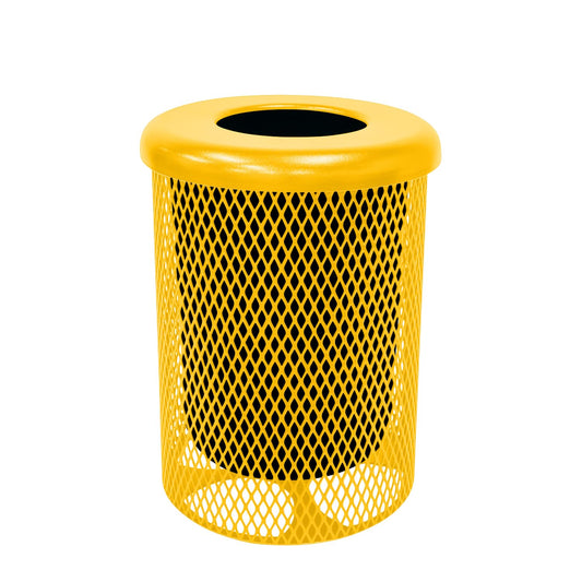 Coated Outdoor Furniture 32-Gallon Heavy-Duty Expanded Metal Round Trash Receptacle, Commercial Outdoor Waste Bin with Liner & Black Flat Top Lid – Made in America (Textured Yellow)