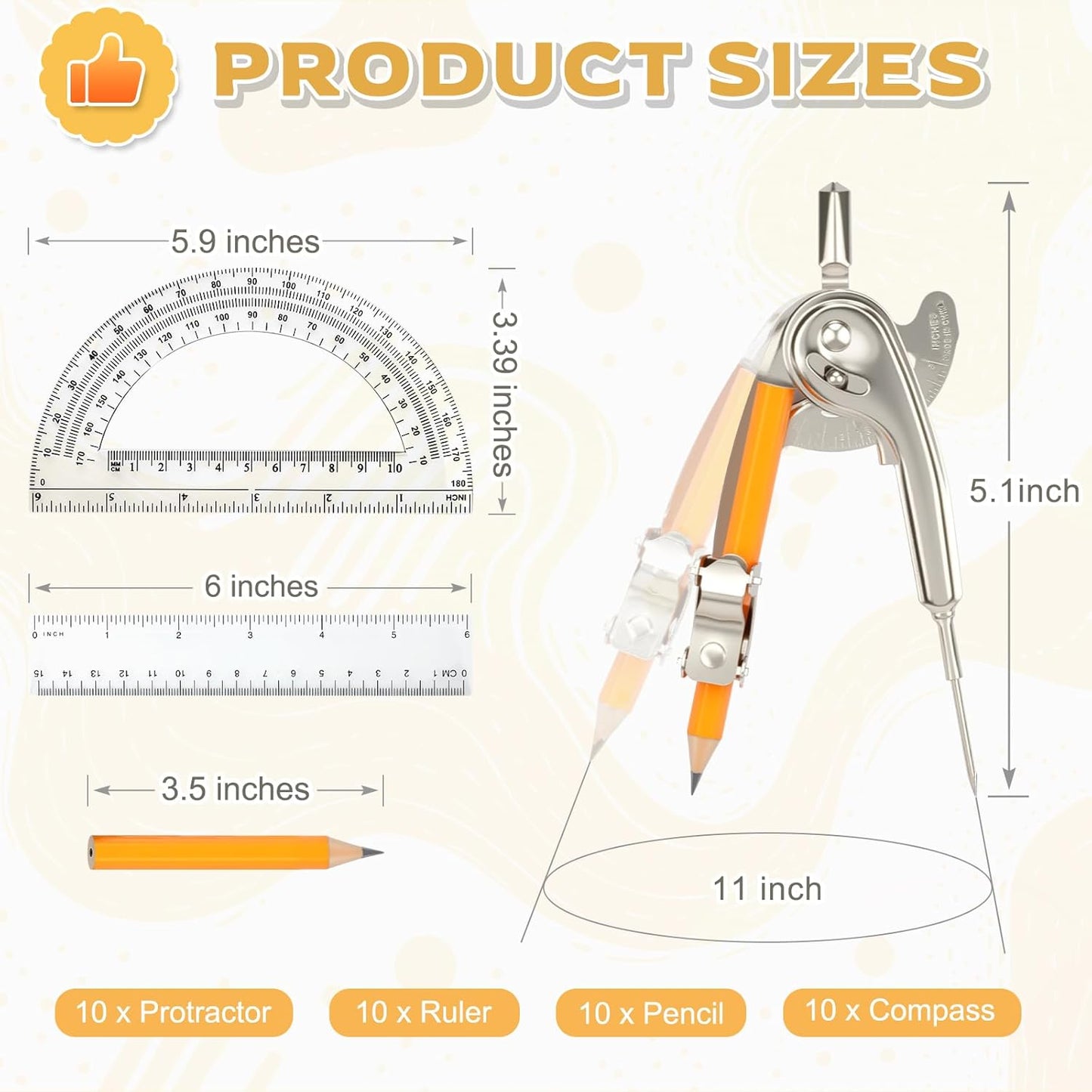 40 Pieces Geometry Math Set Compass for Geometry Math Compass and Protractor Set Include Metal Compass with Pencil Plastic Ruler and Protractor for Student School Office Woodworking Drawing Tools