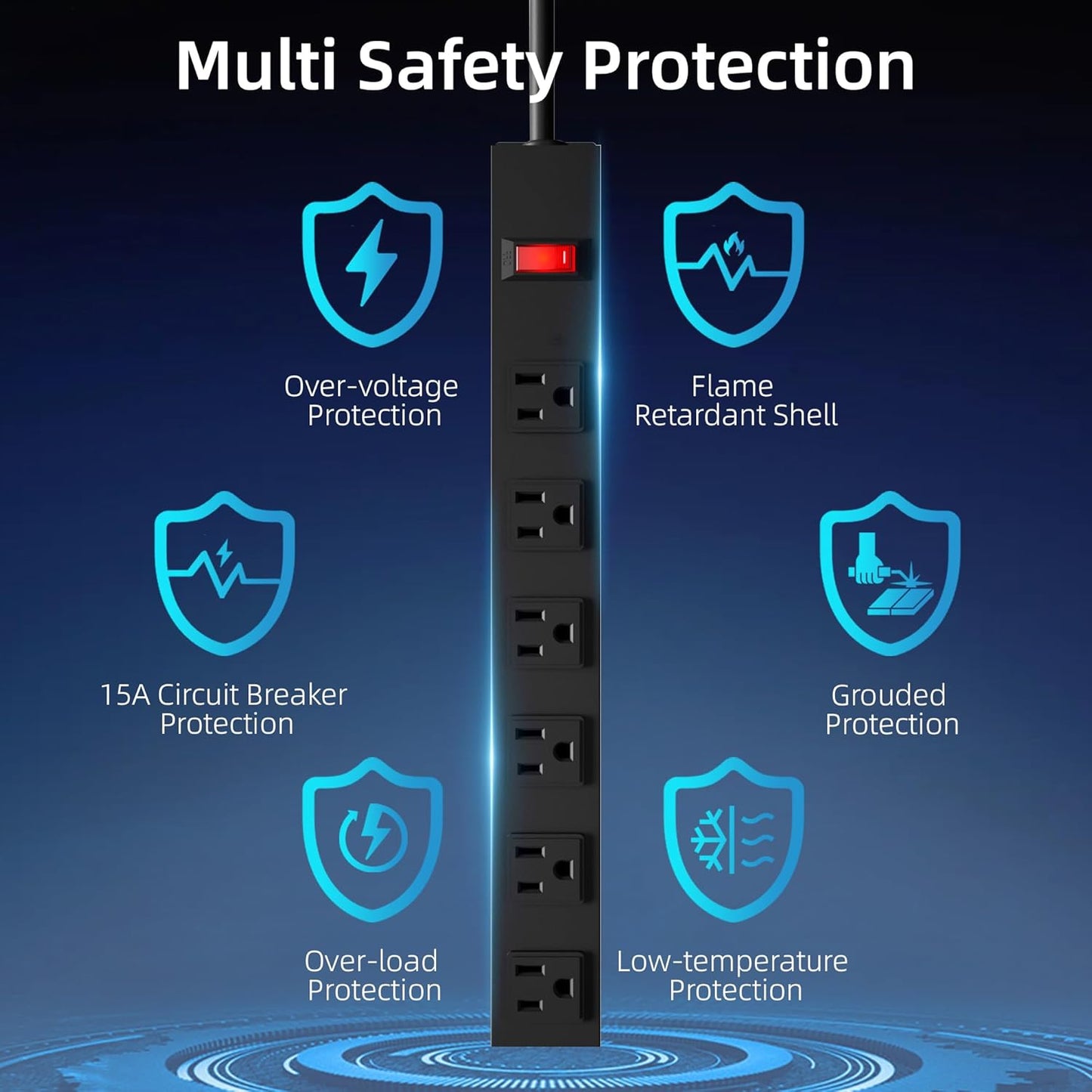 Power Strip with 6AC Outlets 6 Ft UL 14AWG Cord Straight Plug,Metal Wall Mount Heavy Duty Power Strip with Switch for Commercial,Industrial,School and Home,15A/125V/1875W,Black(6FT)