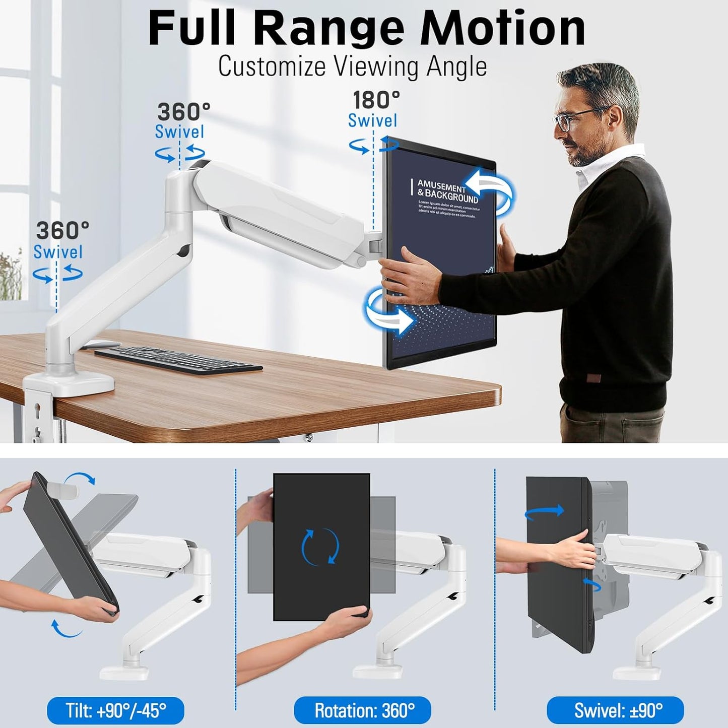 MOUNTUP Single Monitor Desk Mount, Adjustable Gas Spring Monitor Arm Support Max 32 Inch Screen, Computer Monitors Stand with Clamp/Grommet Mounting Base, VESA Mounts Fit 4.4-17.6lbs Computer, White