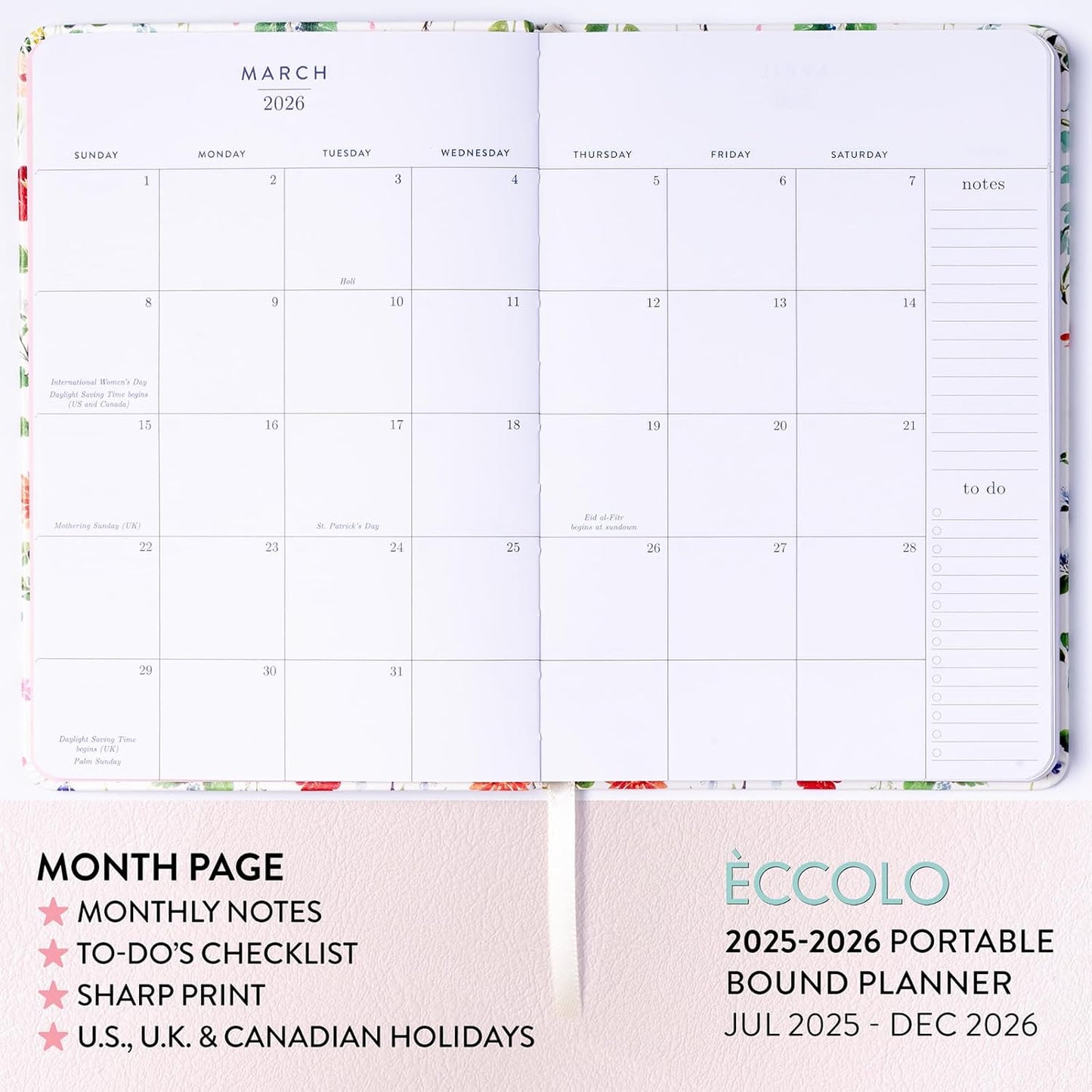 2025-2026 Eccolo 18 Month Bound Planner, Monthly & Weekly Pages (5.25 x 7.75" - July 2025 to Dec 2026 - Watercolor Flowers)