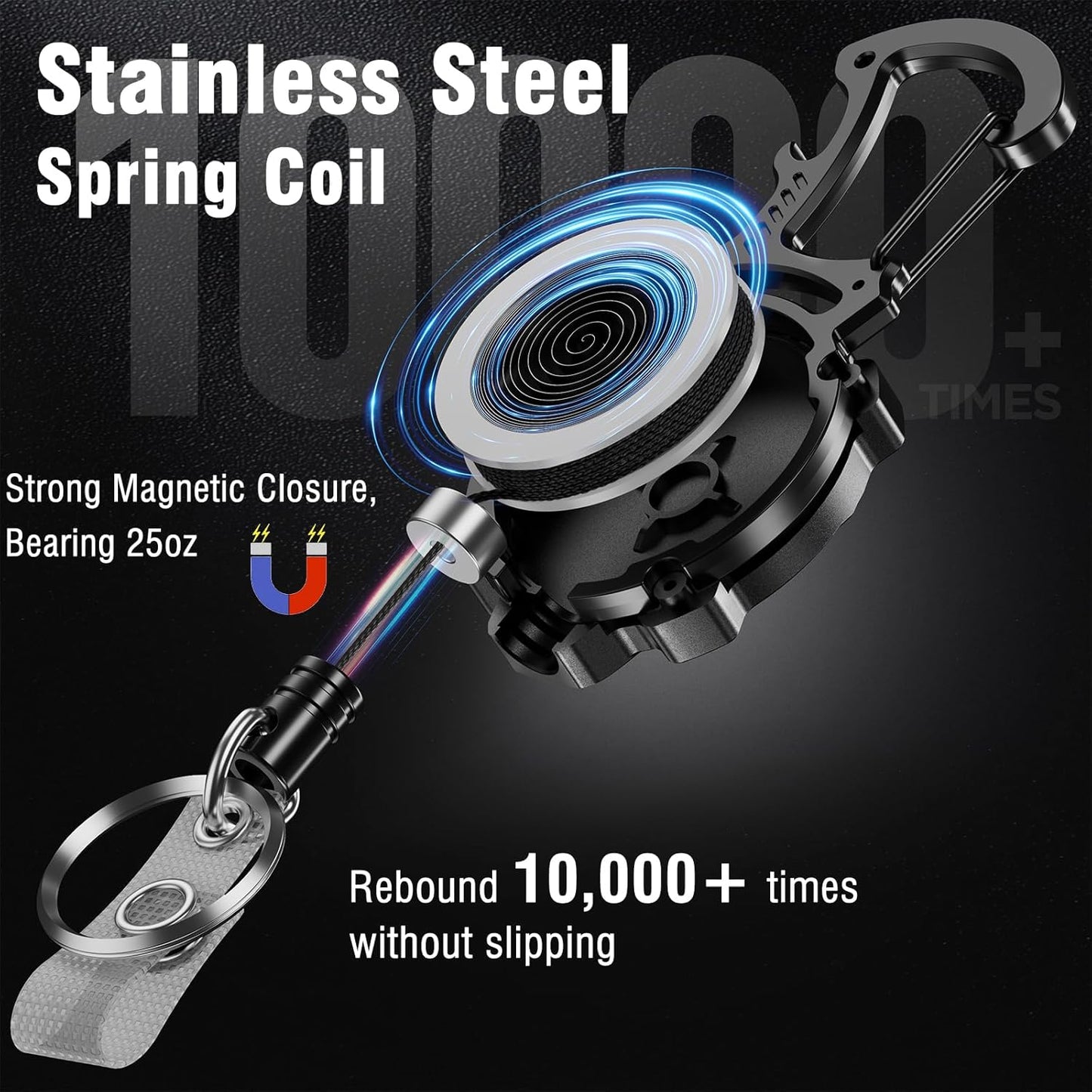 2Pack Heavy Duty Retractable Keychain, Tactical ID Badge Holder Reel Carabiner Clip with Magnetic Closure for Men, Unbreakable Sandwich Construction with 31" Dyneema Cord, Bearing 25oz