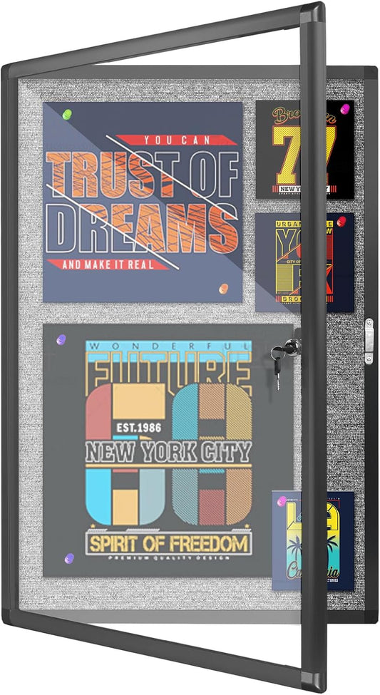 Outdoor Enclosed Bulletin Board, Grey Felt Weatherproof Notice Noticeboard with Clear Acrylic Locking Door, Wall-Mounted Black Aluminum Framed Display Case,36x24in (5xA4)