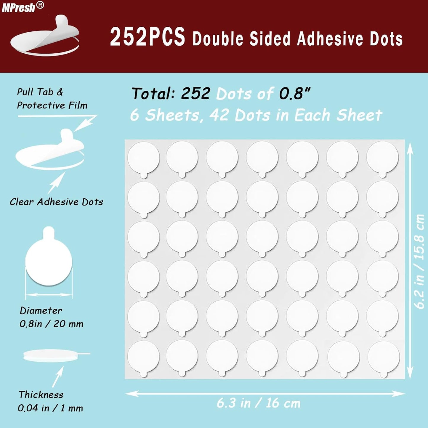 Sticky Tack Dots Double Sided, 0.79" Strong Mounting Tape Sticky Putty Easy to Peel, Removable Museum Putty Glue for Wall Hanging, Crafts, Poster, Balloons Decoration, 252 Dots