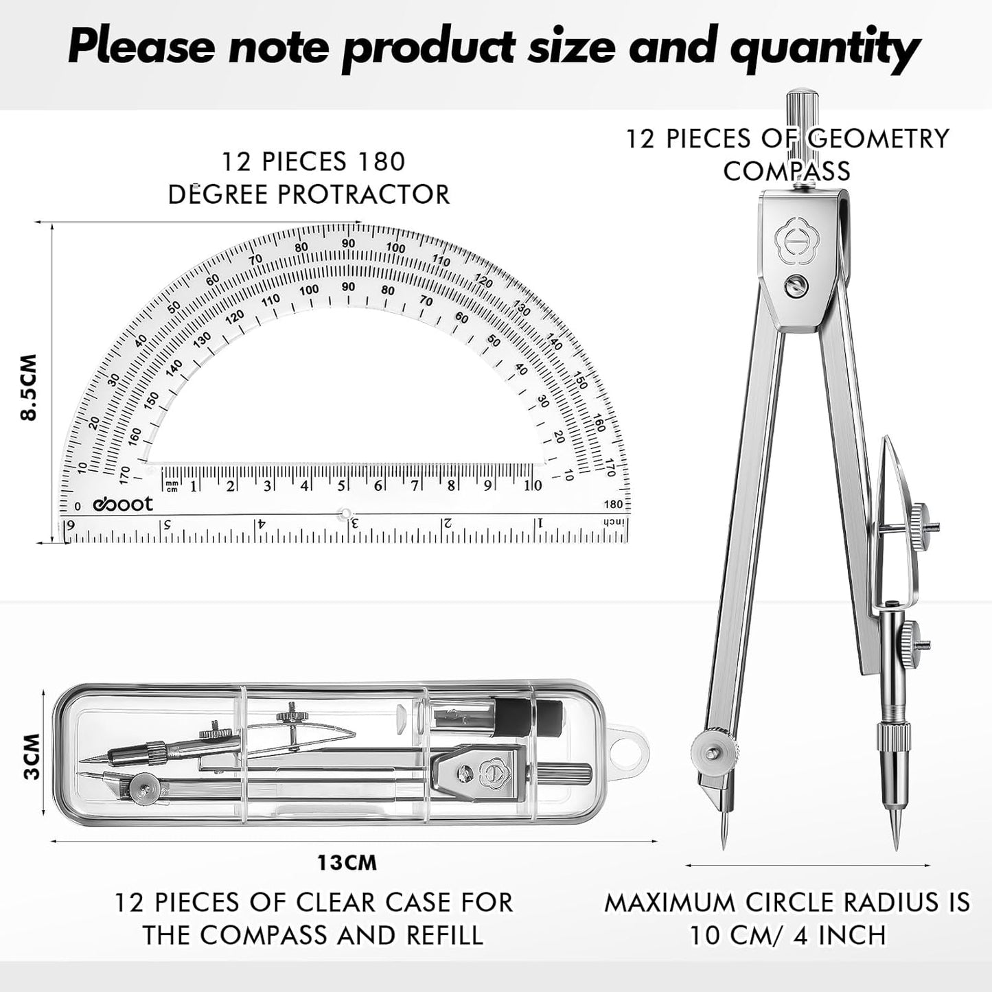 Zonon 12 Set Student Protractor and Compass Set, Student Geometry Math Set, Compass for Geometry and 180 Degree Math Protractor for Drawing Measuring School Office