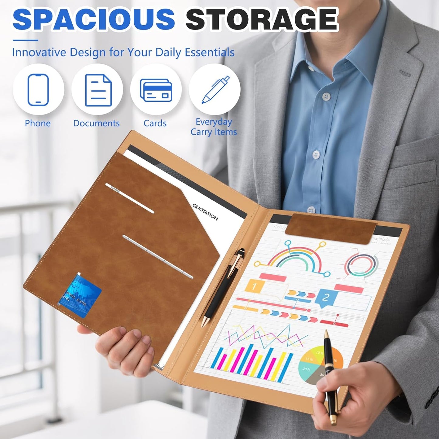 Personalized Padfolio Folder, Leather Custom Portfolio for Men & Women Resumes Office Business, A4 Portfolio Binder for Office College Resumes (Gray)