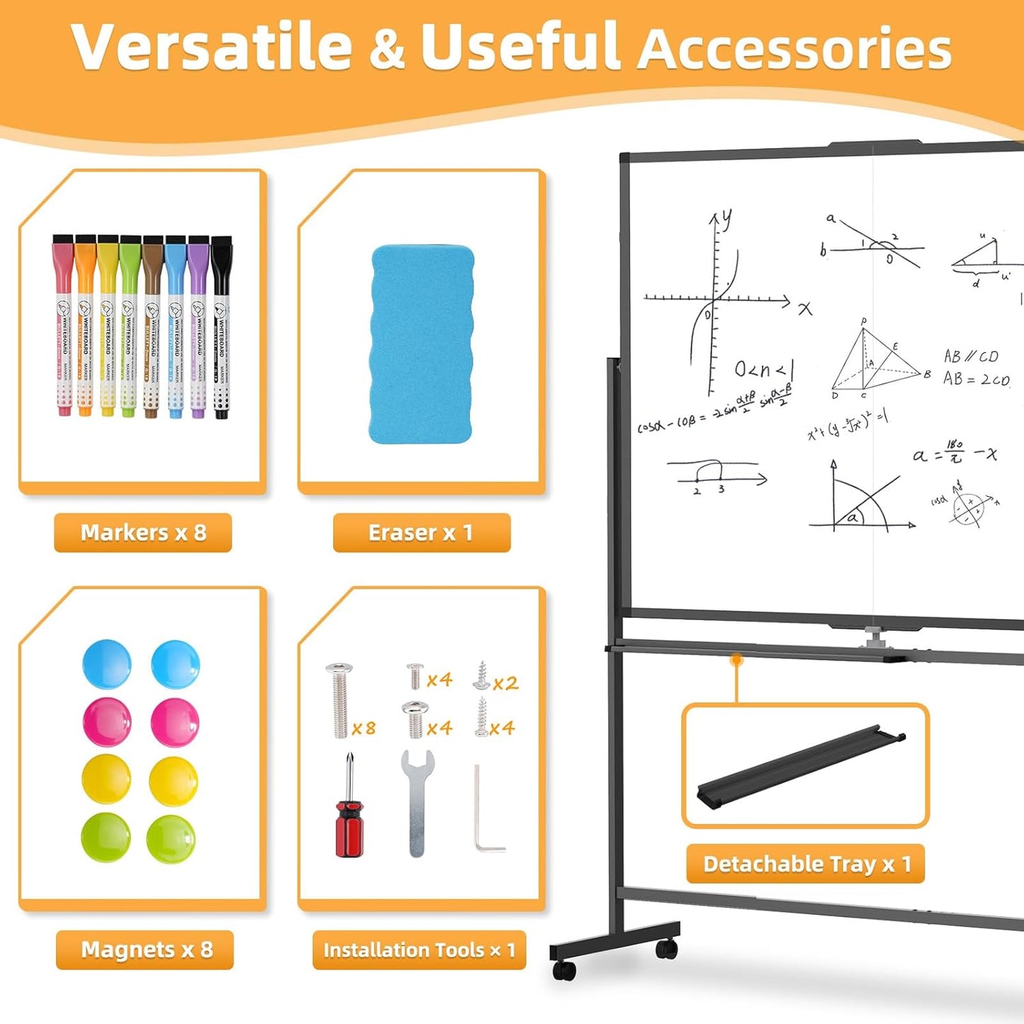 WALGLASS Rolling Whiteboard on Wheels, 72"x40" Double-Sided Dry Erase White Board with Stand, Large Magnetic Whiteboard, Giant Portable Standing Board for Office, School, Home, Classroom 6 x 3.33 ft
