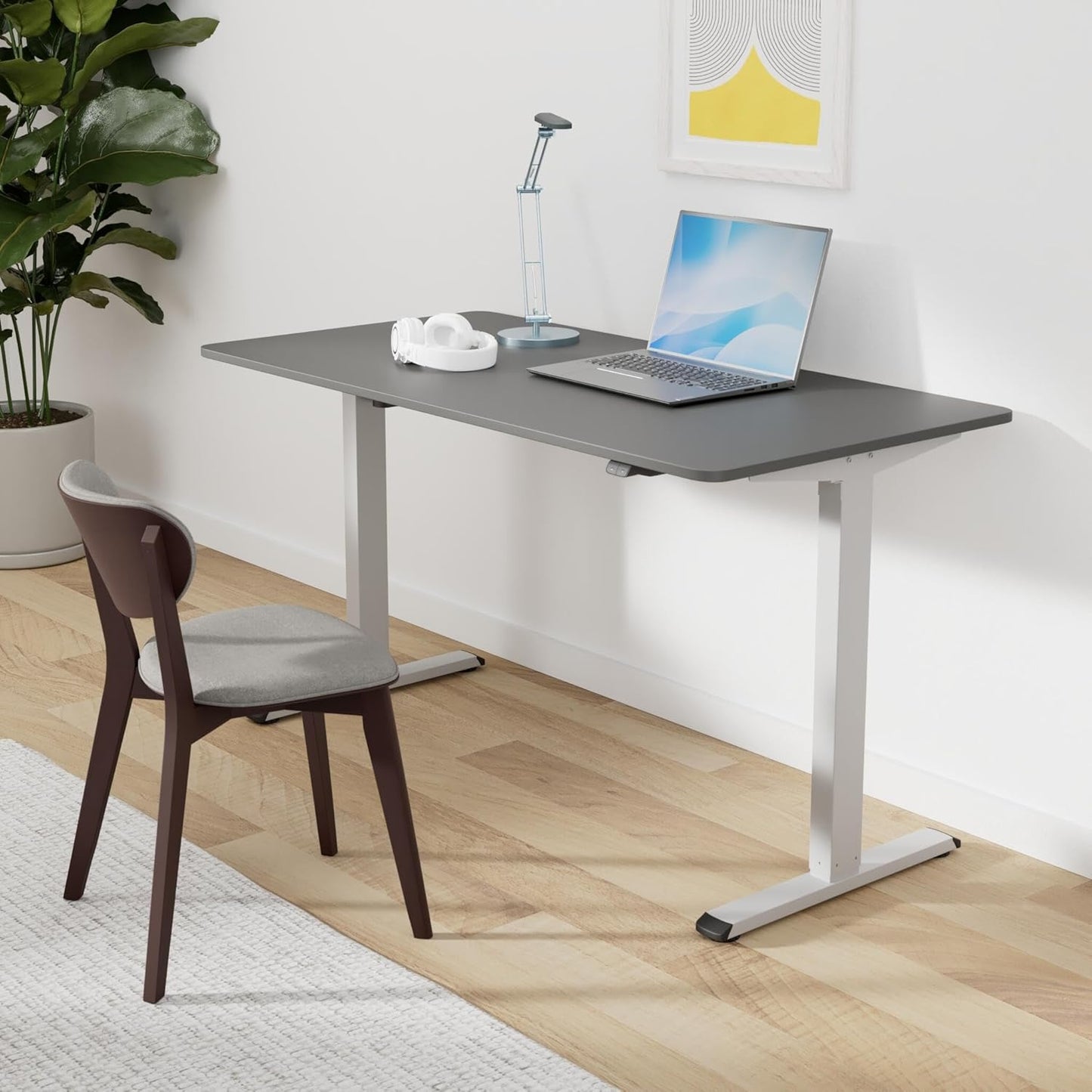 SANODESK Electric Standing Desk 55 x 28 Inches Whole-Piece Desktop Height Adjustable Stand Up Desk w/6-Button Controller Ergonomic Computer Desk for Home Office, White Frame + Black Tabletop