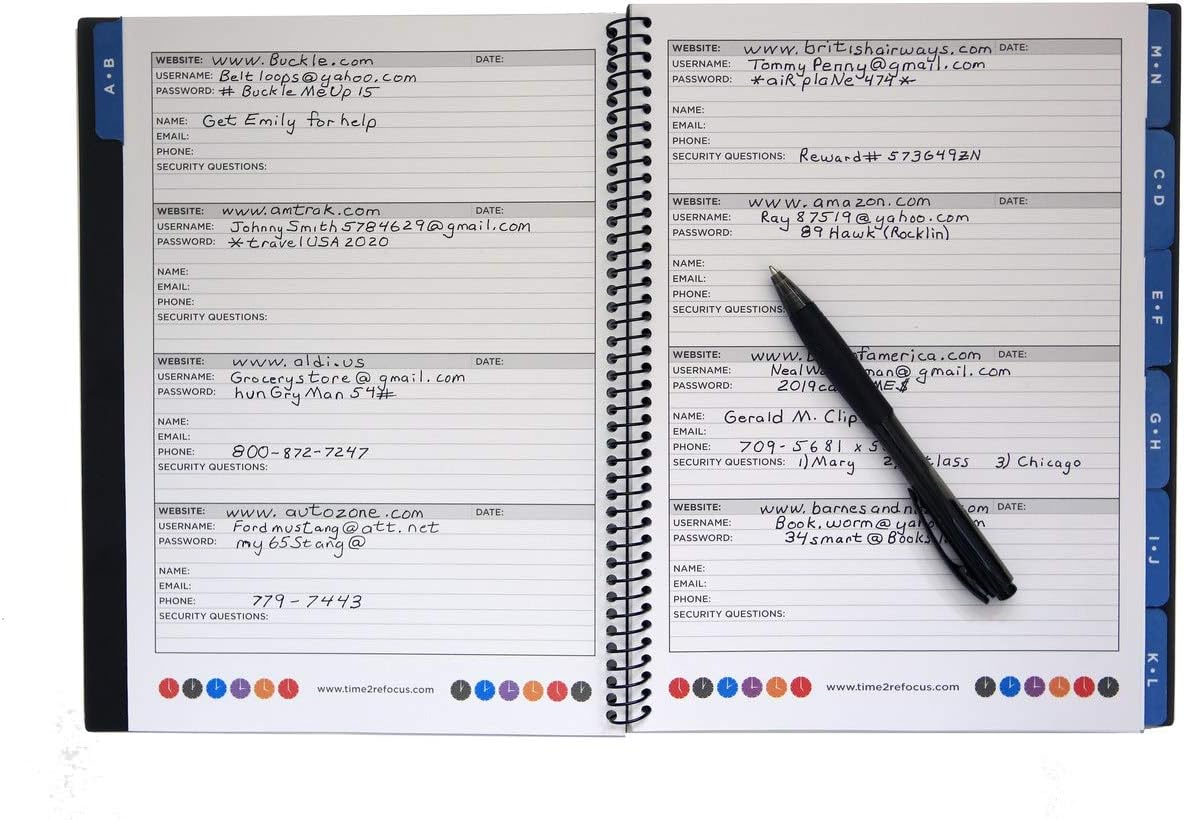 RE-FOCUS Password Book with Alphabetical Tabs 10"x7.5" Spiral Bound Credentials keeper Saves All Internet Login Details (Blue)