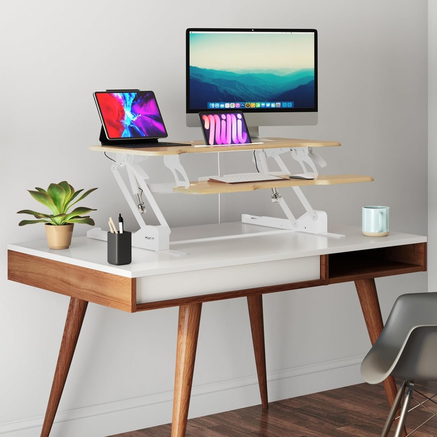 Mount-It! Height Adjustable Standing Desk Converter, 38” Wide, Desk Riser for 2 Monitors, Manual Gas Spring Sit Stand Desktop Raises to 16.9", Fits Two Monitor Screens with Keyboard Mouse Tray Maple