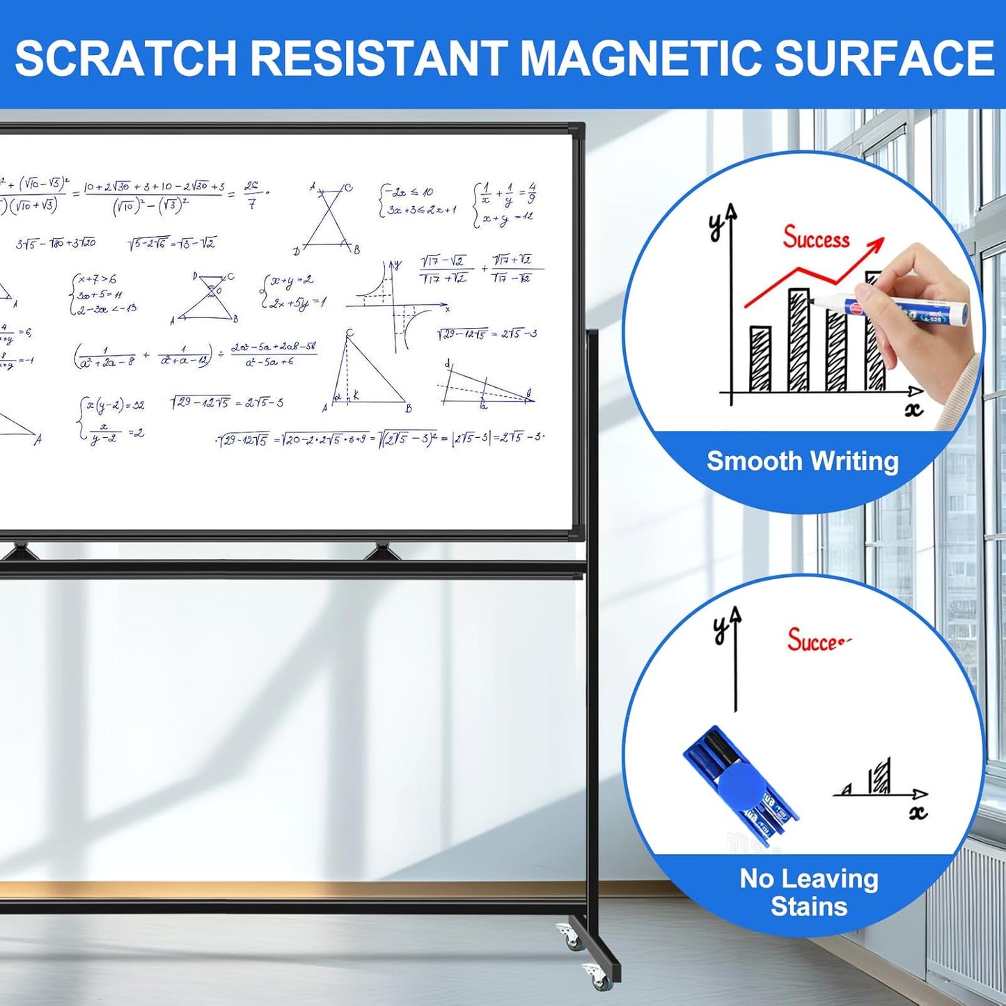 4'x8' Large Dry Erase White Board with Rolling Stand 96"x48" Double-Sided Mobile Magnetic Whiteboard on Wheels, Including 3 Magnetic Erasers, 7 Markers, 30 Magnets