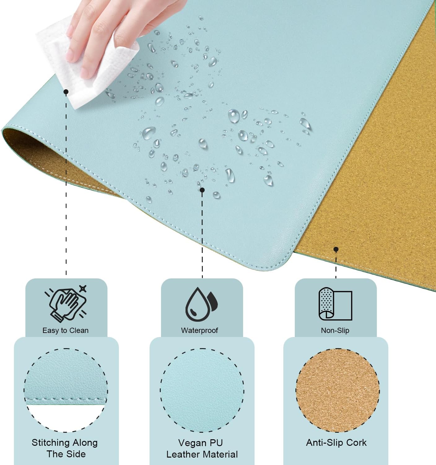 Large Leather Desk Pad Protector, 47.2'' x 23.6'', Office/Home/Decor - Light Blue