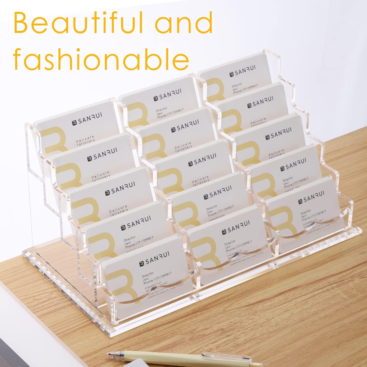 SANRUI Acrylic Multiple Business Card Holder Display for Desk , 15 Slots Business Card Stand , Clear Horizontal 5 Tier Business Card Holders, Holds 750-900 Cards